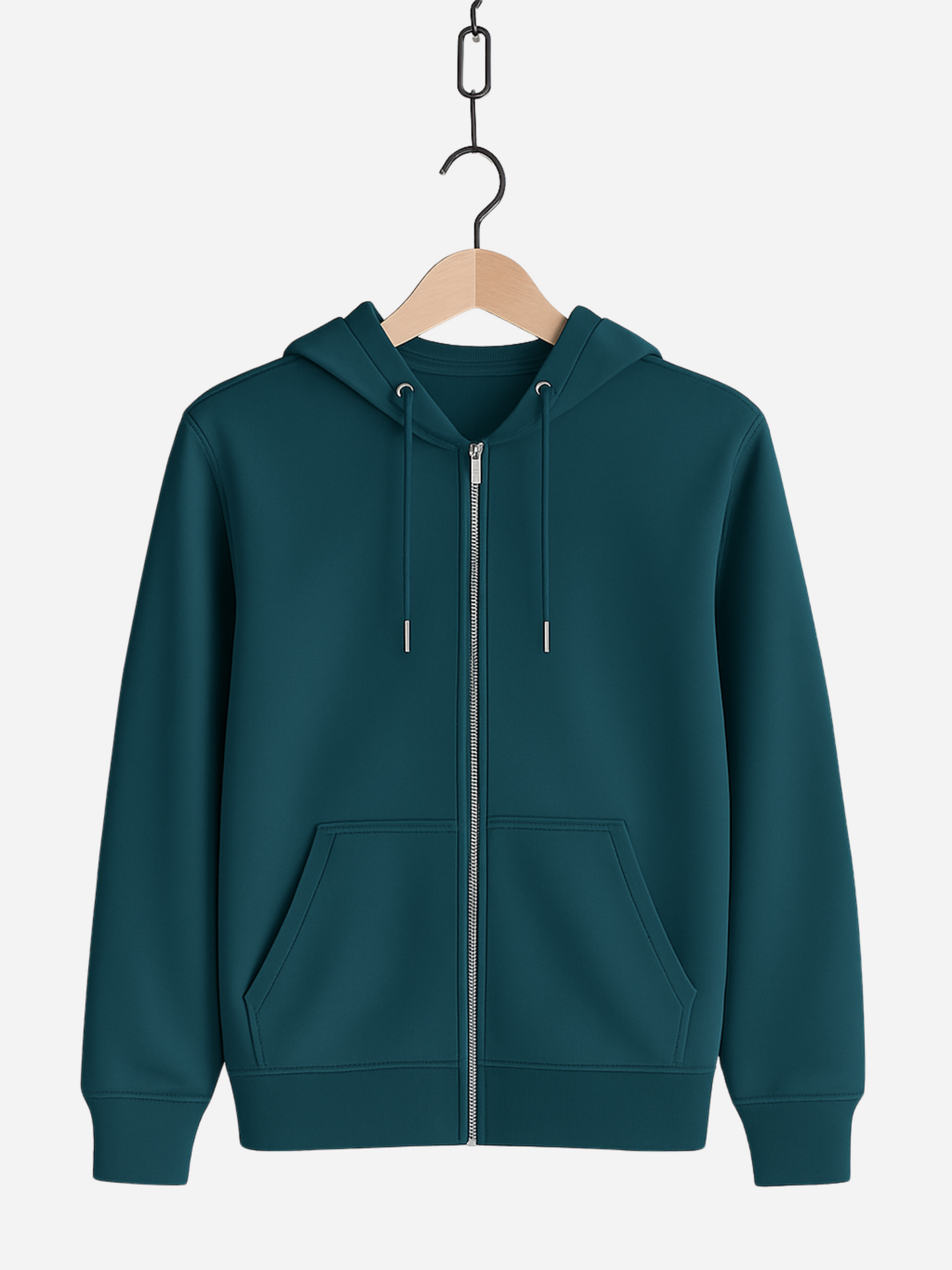 Unisex Zipper Hoodie in dunkelgrün mit Kapuze, Kordeln, Reißverschluss und Fronttaschen, auf Bügel präsentiert.