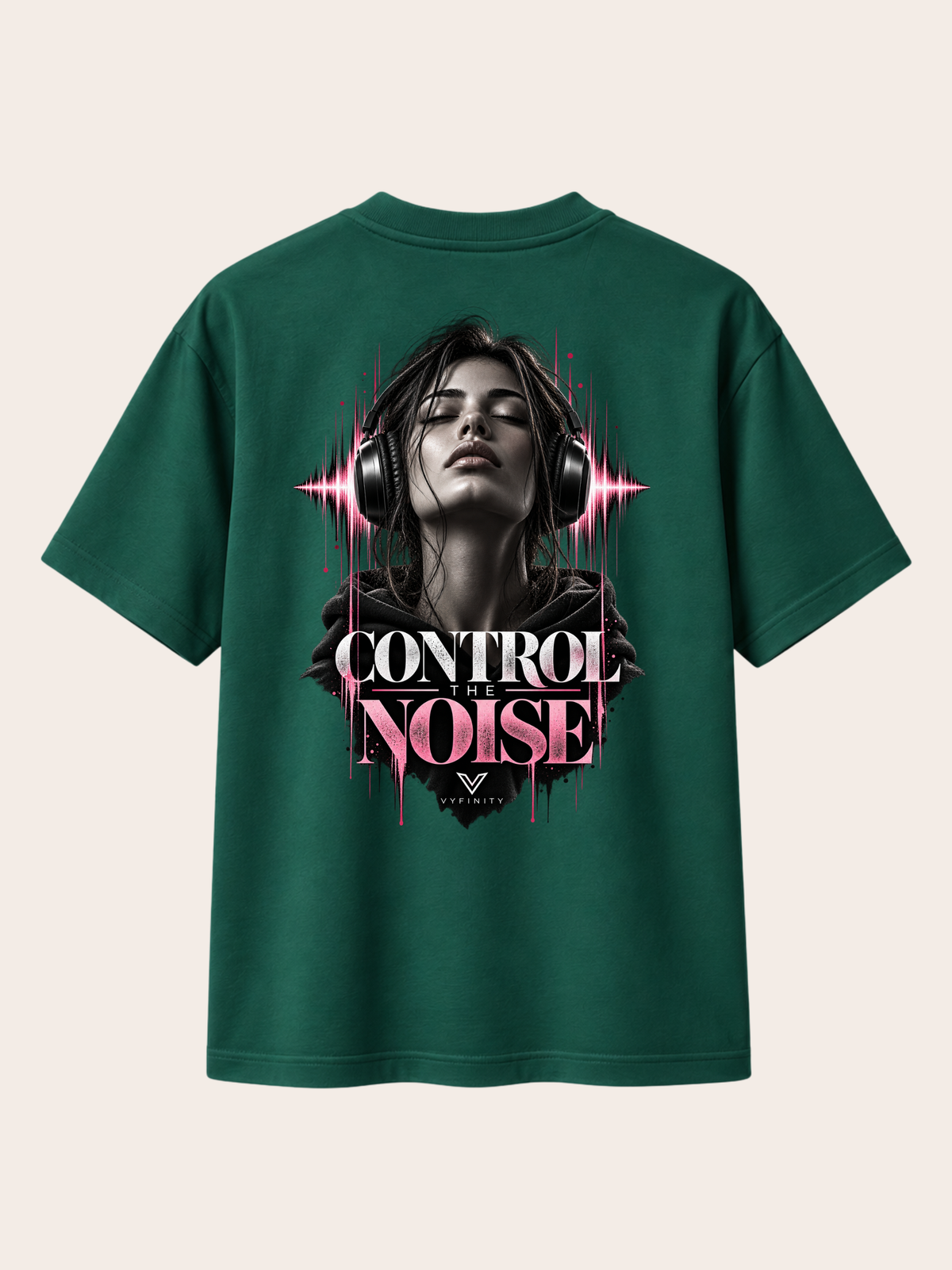Vyfinity Control The Noise T-Shirt – Dark Green – Relaxed Fit Heavy 215 GSM – Rückansicht mit großem Control The Noise Backprint