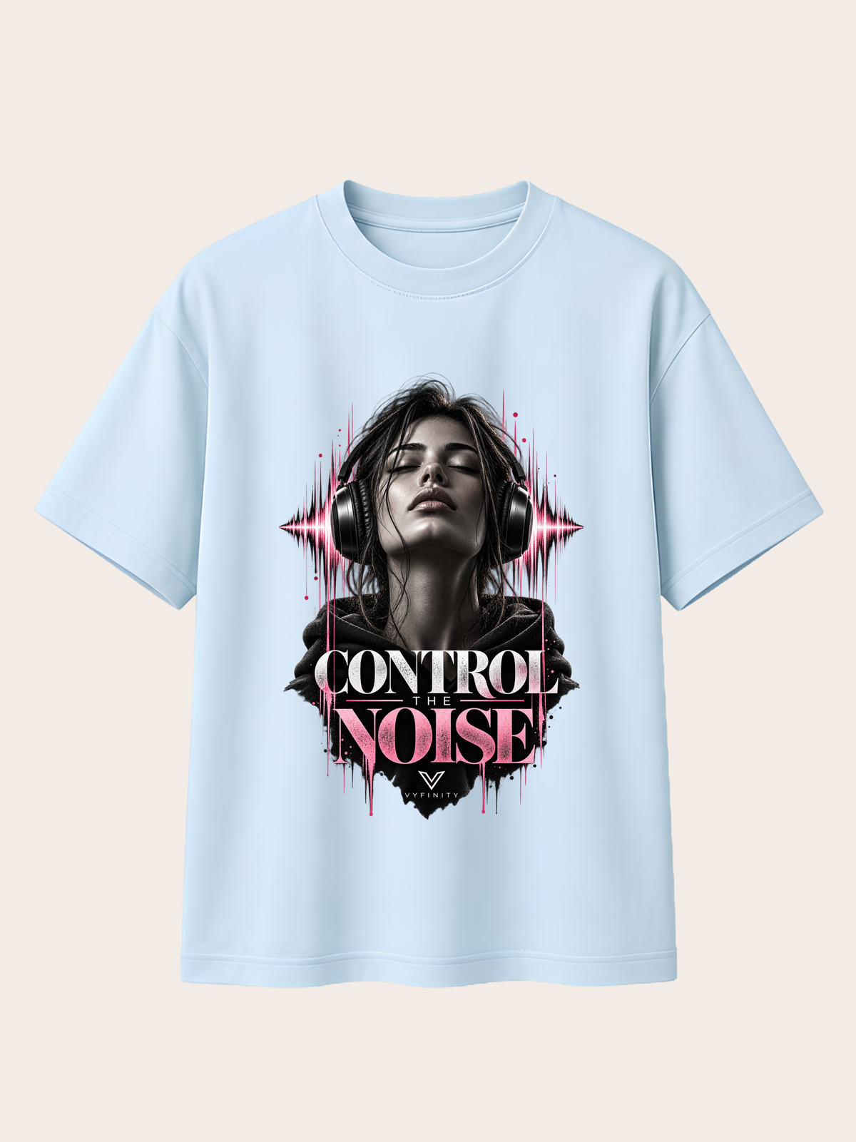 VYFINITY Control The Noise T-Shirt in Blue Ice mit Frauenmotiv, Kopfhörern und pink-schwarzem Frontprint