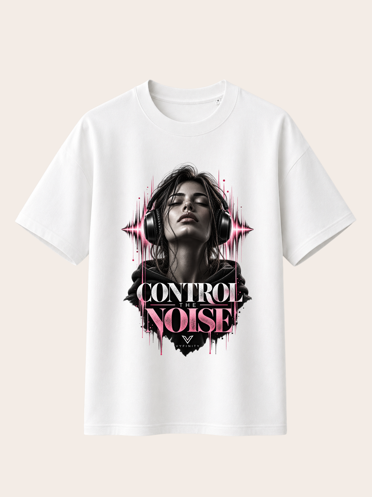 VYFINITY Control The Noise – Relaxed Fit T-Shirt 215 GSM – Weiß – Frontprint