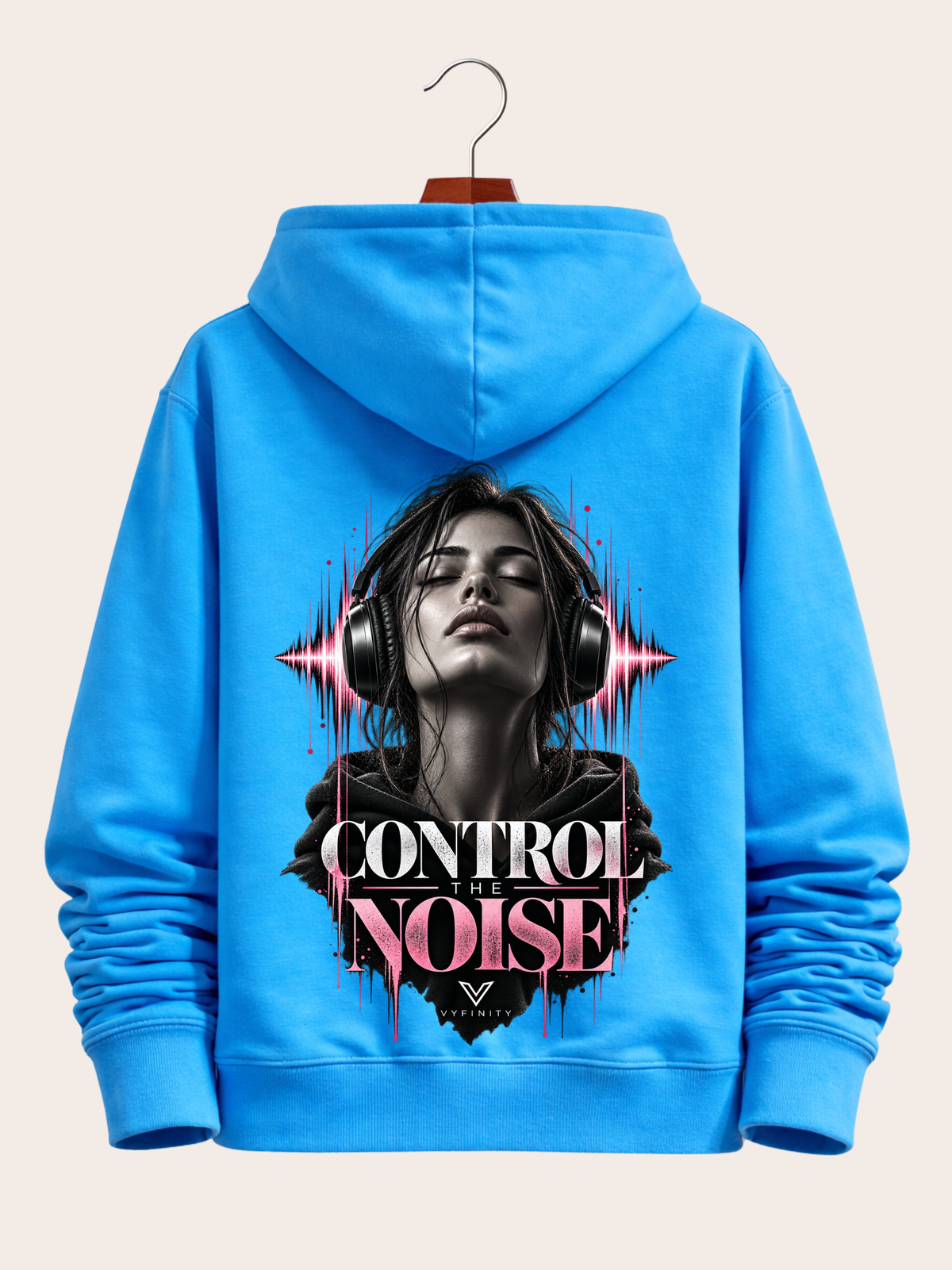 Vyfinity Control The Noise Hoodie – Aqua Blue – 350 GSM – Rückansicht mit großem Control The Noise Backprint