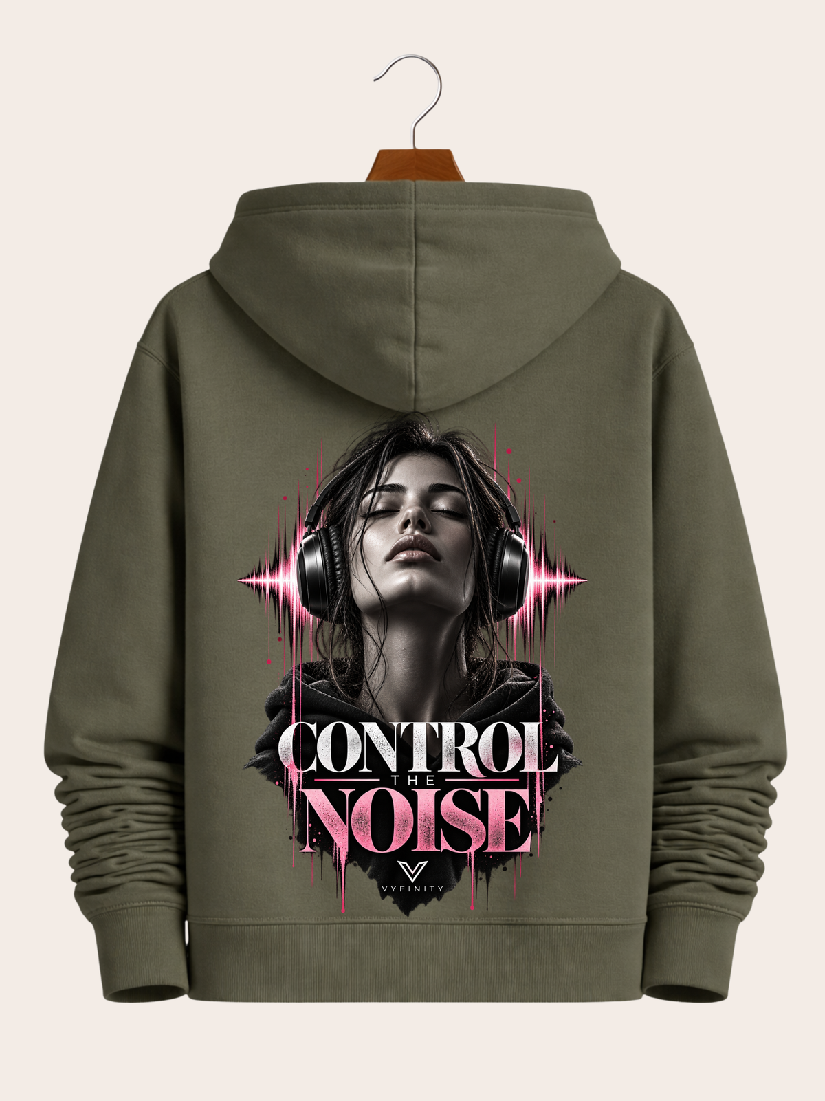 Vyfinity Control The Noise Hoodie – Khaki – 350 GSM – Rückansicht mit großem Control The Noise Backprint