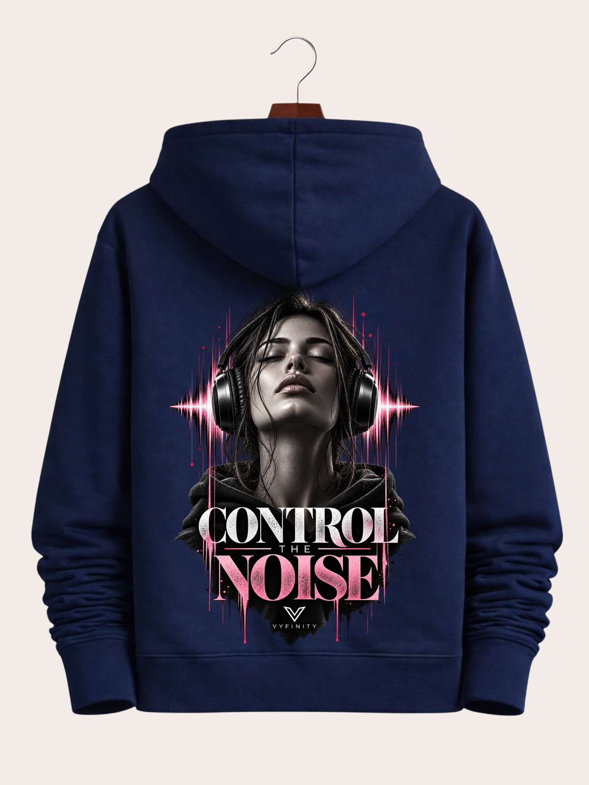 Vyfinity Control The Noise Hoodie – French Navy – 350 GSM – Rückansicht mit großem Control The Noise Backprint