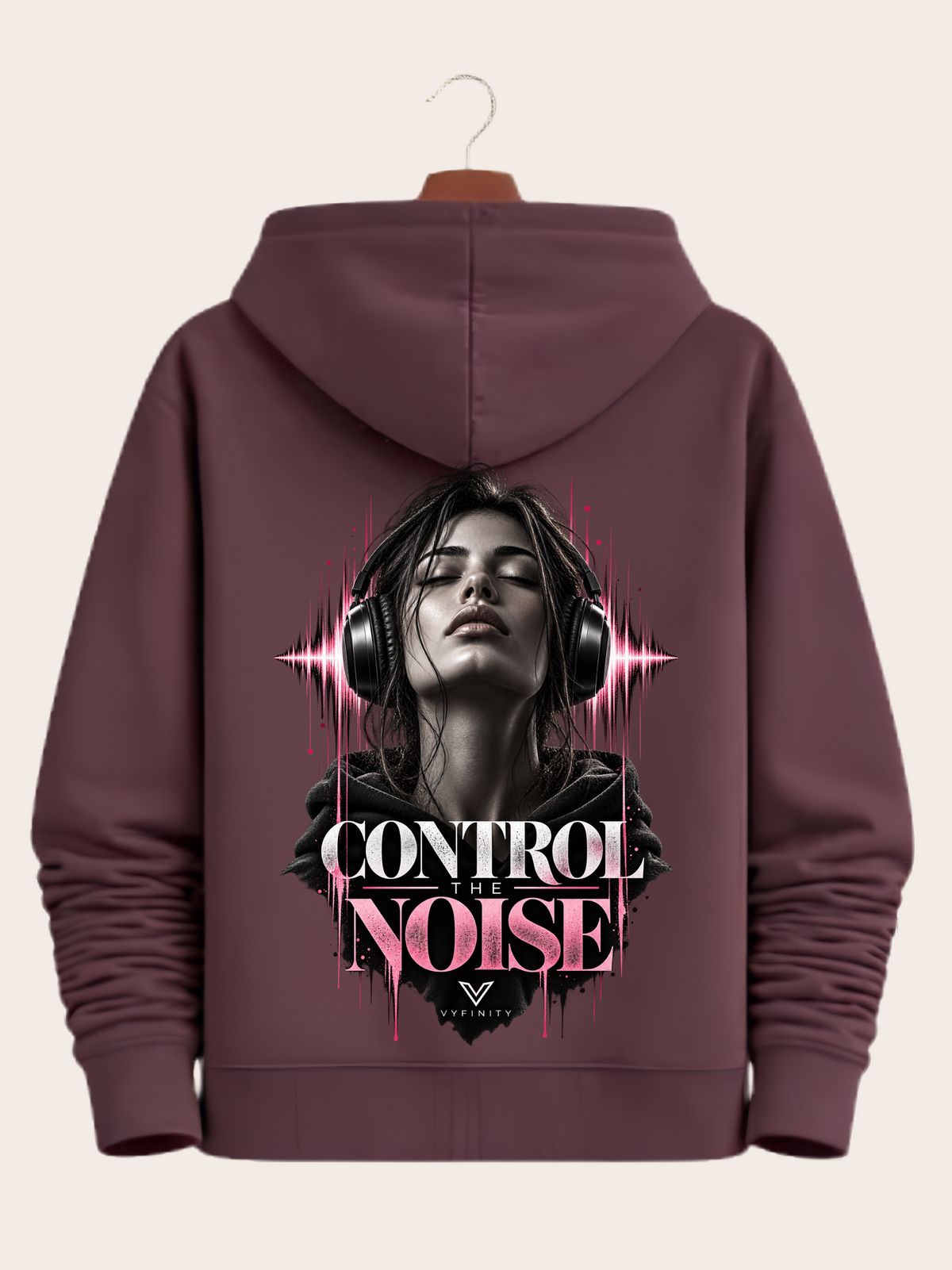 Vyfinity Control The Noise Hoodie – Red Brown – 350 GSM – Rückansicht mit großem Control The Noise Backprint