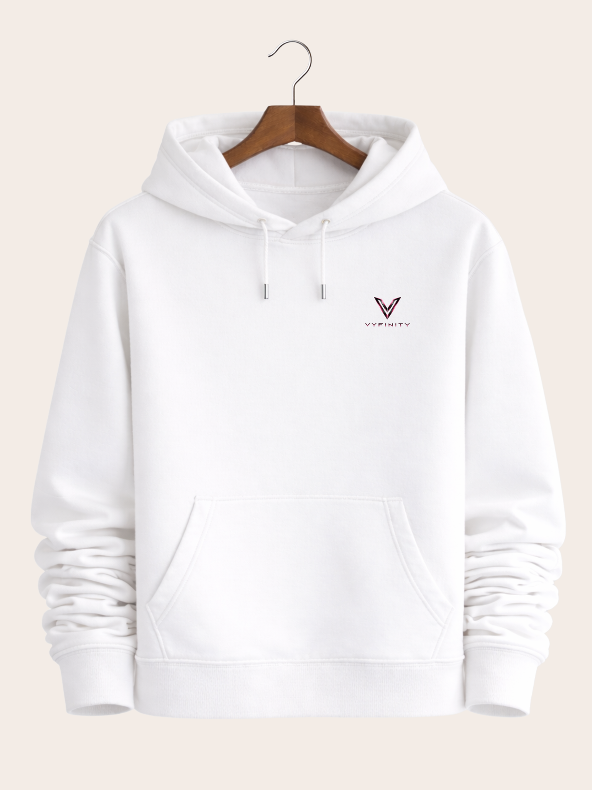 Vyfinity Control The Noise Hoodie – White – 350 GSM – Frontansicht mit kleinem Vyfinity Brustlogo