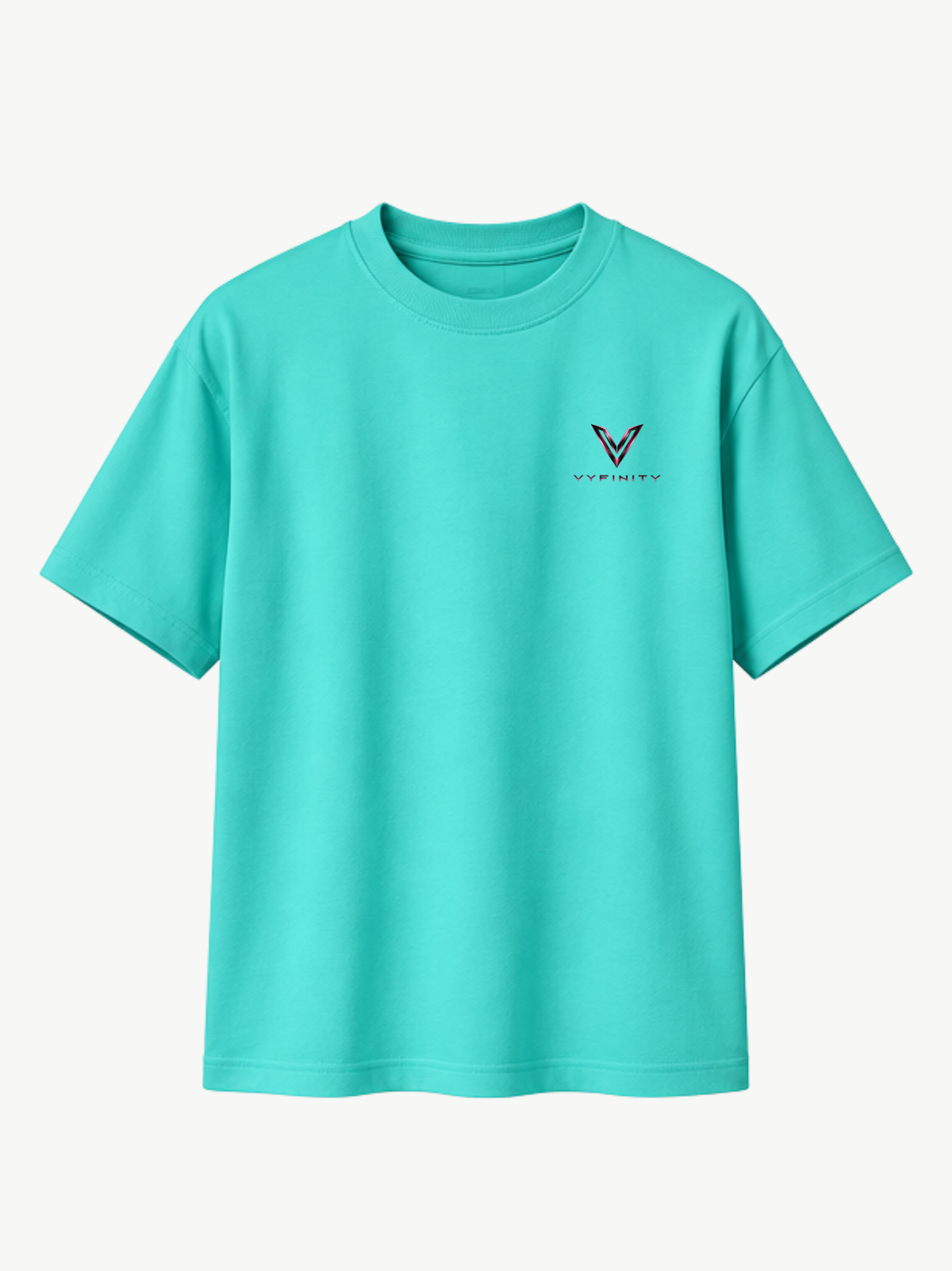 Vyfinity Control The Noise T-Shirt – Aqua Blue – Relaxed Fit Heavy 215 GSM – Vorderansicht mit kleinem Vyfinity Brustlogo