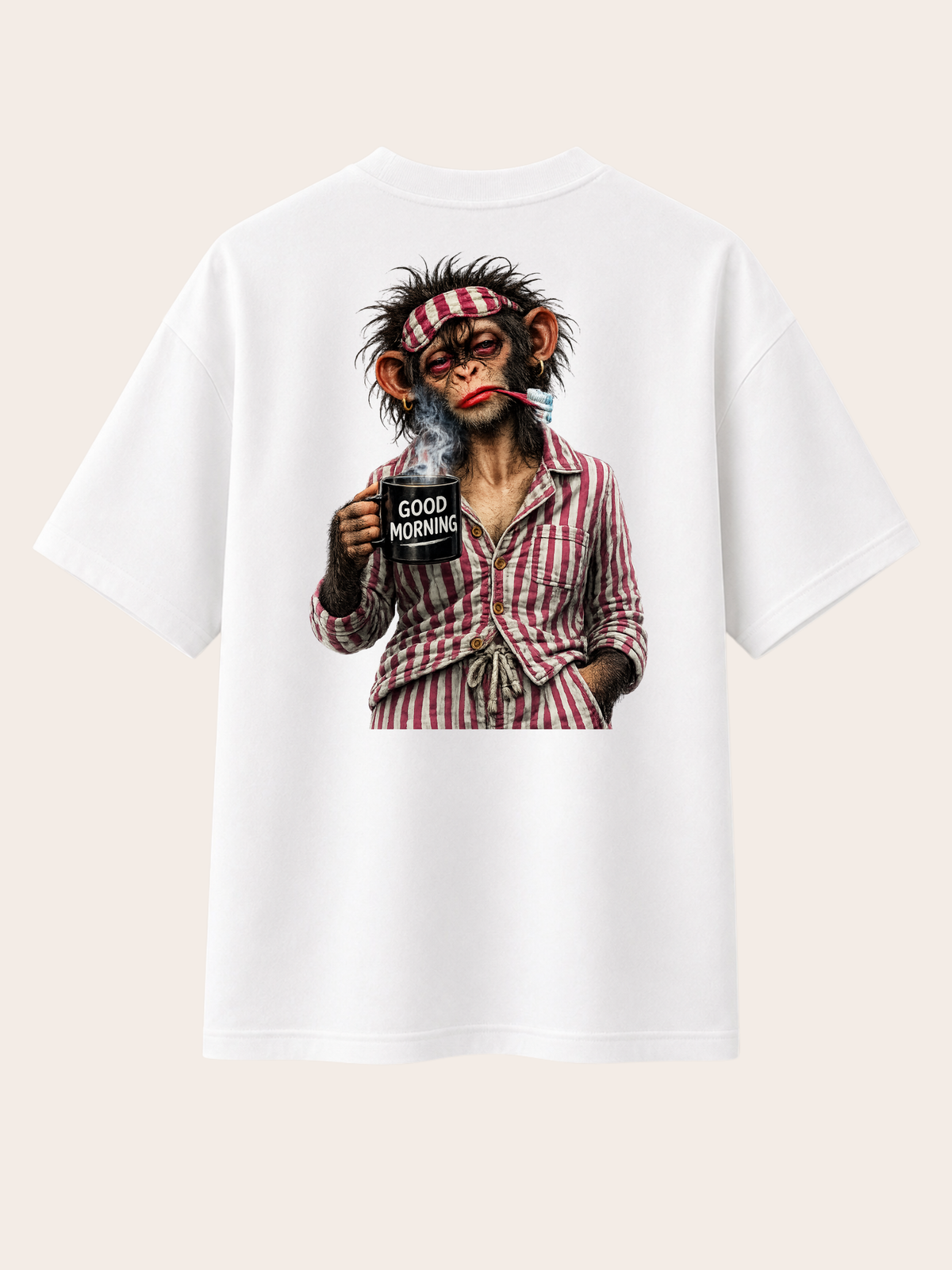 „Weißes VYFINITY Relaxed Fit T-Shirt mit großem Good Morning Affen-Print auf der Rückseite, freigestellte Rückenansicht.“