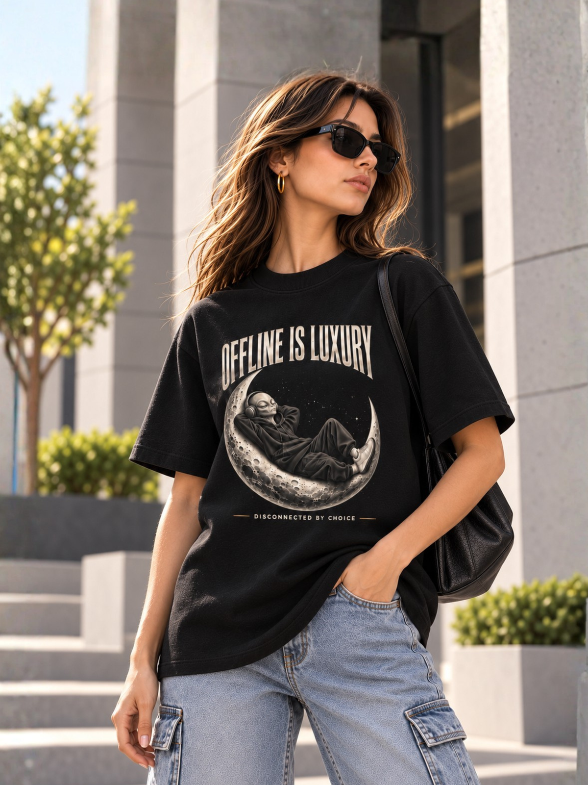 Lifestyle-Aufnahme eines weiblichen Models in einem schwarzen Oversized Heavy T-Shirt mit großem Frontprint „OFFLINE IS LUXURY“. Zentrales Motiv: entspannter Alien im schwarzen Hoodie mit Kopfhörern, liegend auf einer detaillierten Mondsichel. Darunter „DISCONNECTED BY CHOICE“. Schwarze Sonnenbrille, schwarze Schultertasche und helle Cargo-Jeans. Moderne urbane Architektur im Hintergrund, warmes natürliches Sonnenlicht, hochwertiger Streetwear-Look.