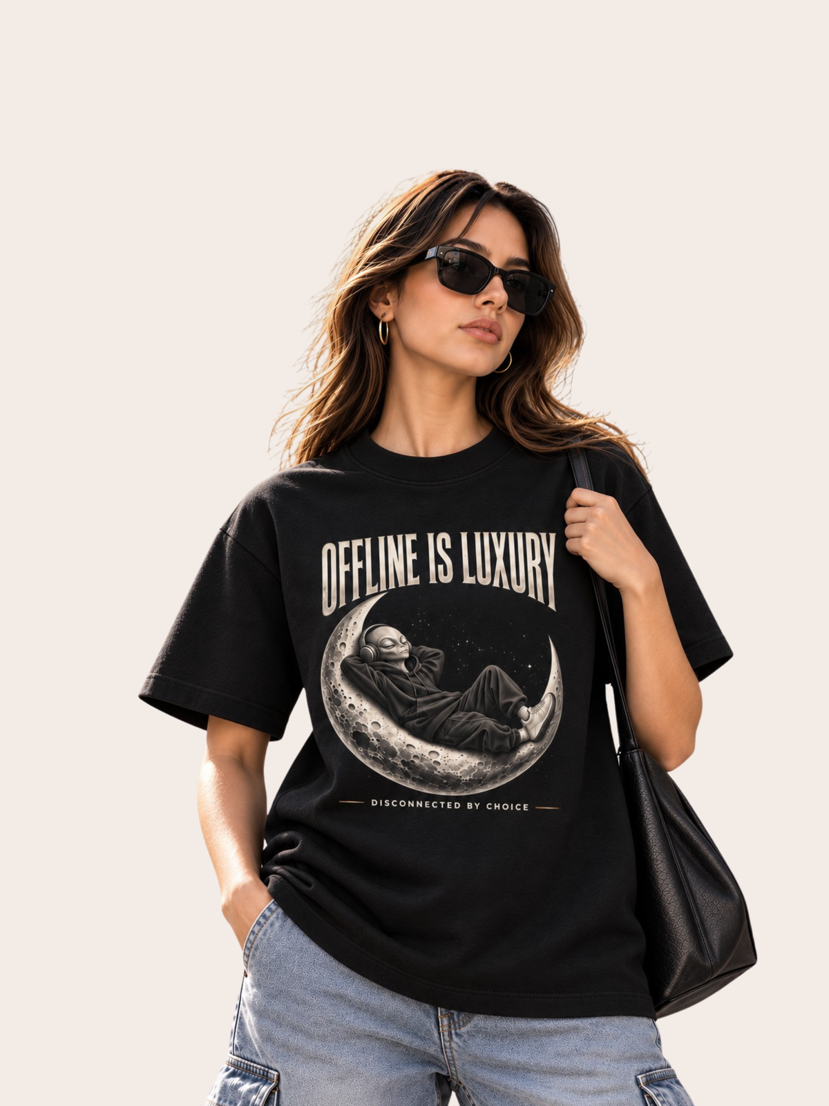 Frau mit schwarzer Sonnenbrille trägt ein schwarzes Oversized Heavy T-Shirt mit großem „OFFLINE IS LUXURY“-Frontprint. Das Motiv zeigt eine entspannte Alien-Figur im Hoodie mit Kopfhörern auf einer detailreichen Mondsichel. Darunter steht „DISCONNECTED BY CHOICE“. Moderner VYFINITY Streetwear-Look mit heller Cargo-Hose und schwarzer Schultertasche.