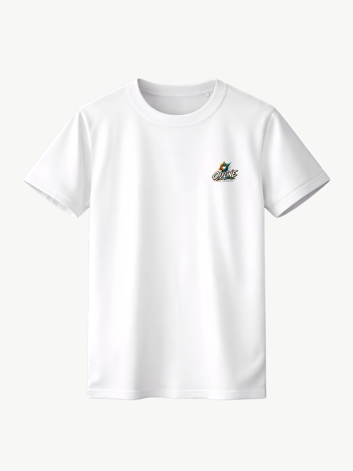 Weißes VYFINITY T-Shirt in Frontansicht mit kleinem „OFFLINE“-Print auf der linken Brust. Minimalistisches schwarzes, oranges und türkises Motiv auf weißem Stoff.