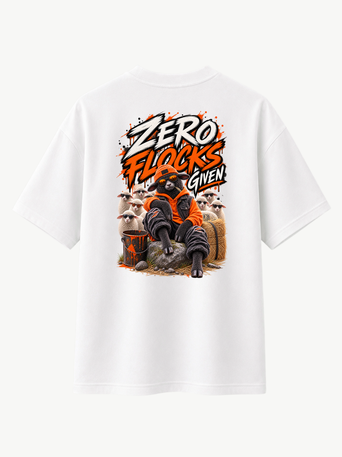 Weißes VYFINITY Heavy T-Shirt mit großem Rückenprint „ZERO FLOCKS GIVEN“. Das Streetwear-Motiv zeigt ein schwarzes Schaf in orange-schwarzem Outfit vor einer Gruppe weißer Schafe, kombiniert mit markanter schwarz-orangefarbener Typografie.