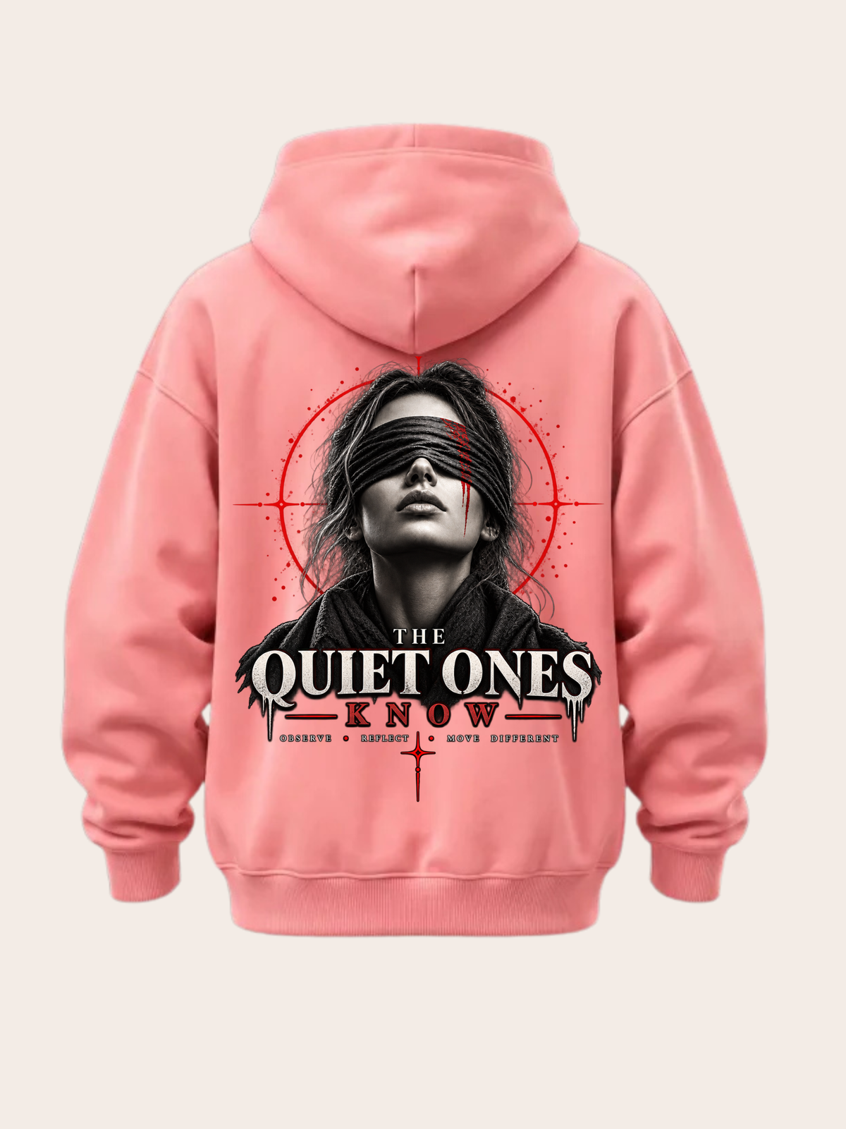 Rosa Oversized Hoodie in Rückansicht mit großem „THE QUIET ONES KNOW“-Backprint, schwarz-weißem Frauenporträt mit Augenbinde sowie markanten roten grafischen Akzenten.