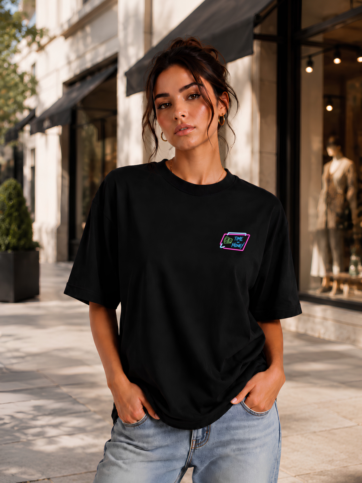 Frau trägt ein schwarzes VYFINITY T-Shirt mit kleinem neonfarbenem „TIME MONEY“-Brustprint und heller Jeans. Premium Streetwear-Lifestyle-Aufnahme vor eleganten Geschäften in einer sonnigen Einkaufsstraße.