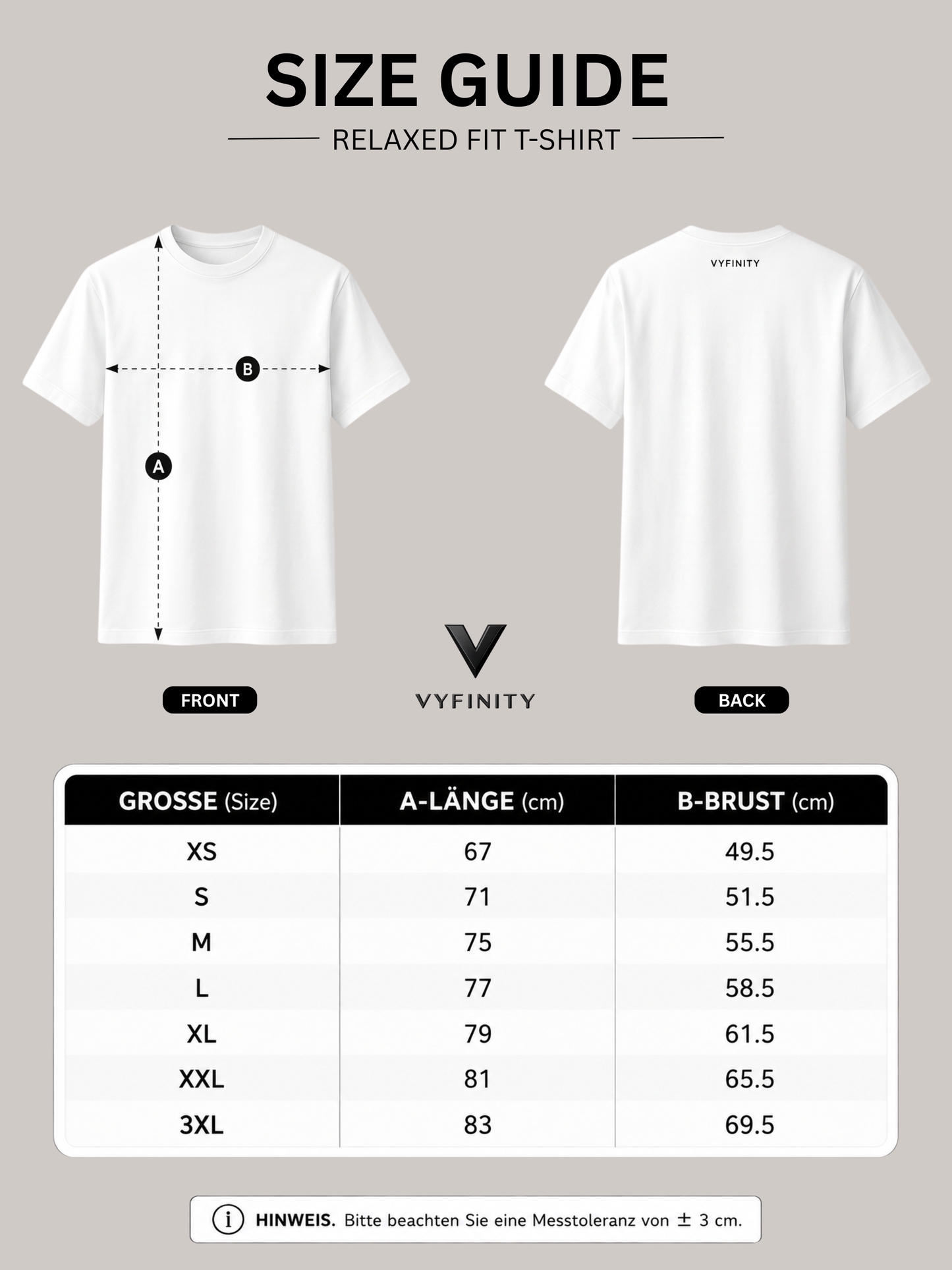 VYFINITY Relaxed Fit T-Shirt Größentabelle mit Vorder- und Rückansicht eines weißen Premium Unisex T-Shirts. Größen XS bis 3XL mit Maßen für Länge und Brustweite sowie Messanleitung und Hinweis zur Messtoleranz von ±3 cm.