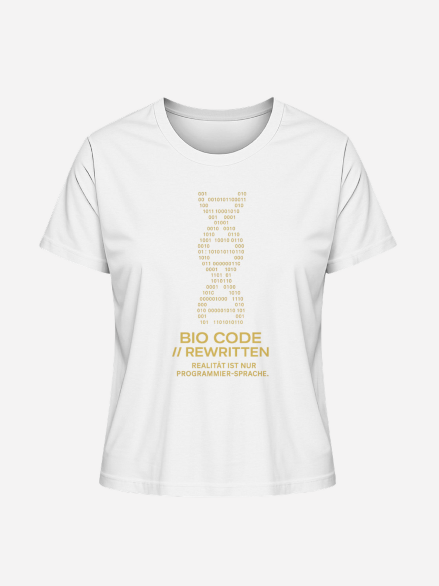 Weißes Unisex T-Shirt mit goldenem DNA-Binärcode und Bio Code Rewritten Aufdruck. Futuristisches Geek Fashion Shirt für Programmierer, Gamer, Nerds und Streetwear-Fans, inspiriert von Programmierer-Sprache.