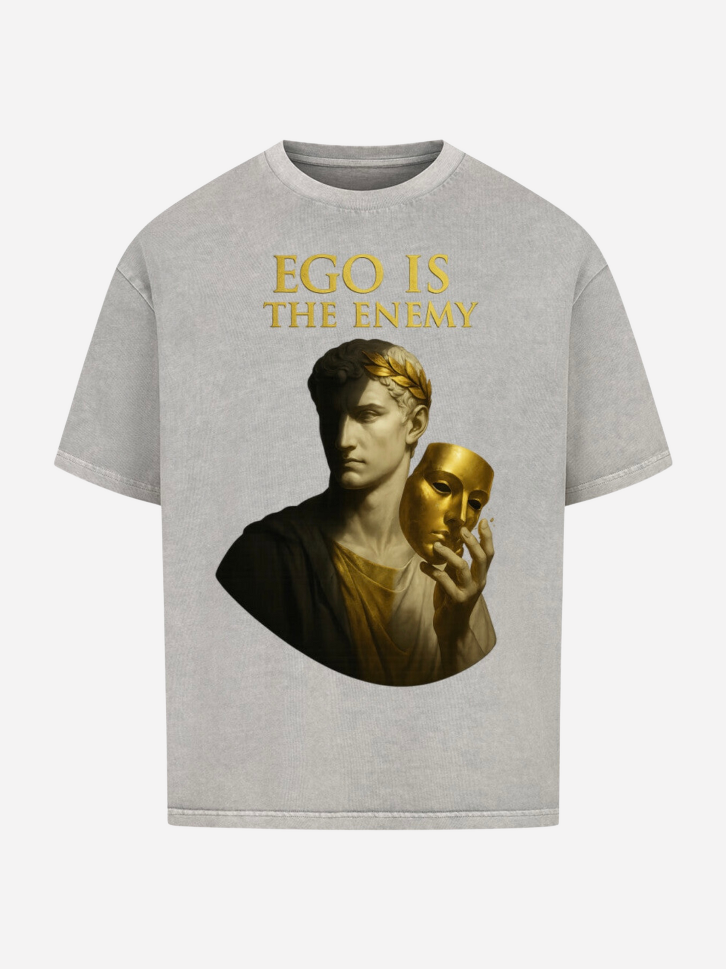 Oversized T-Shirt in Hellgrau mit goldener Statue und Maske, Aufschrift Ego Is The Enemy