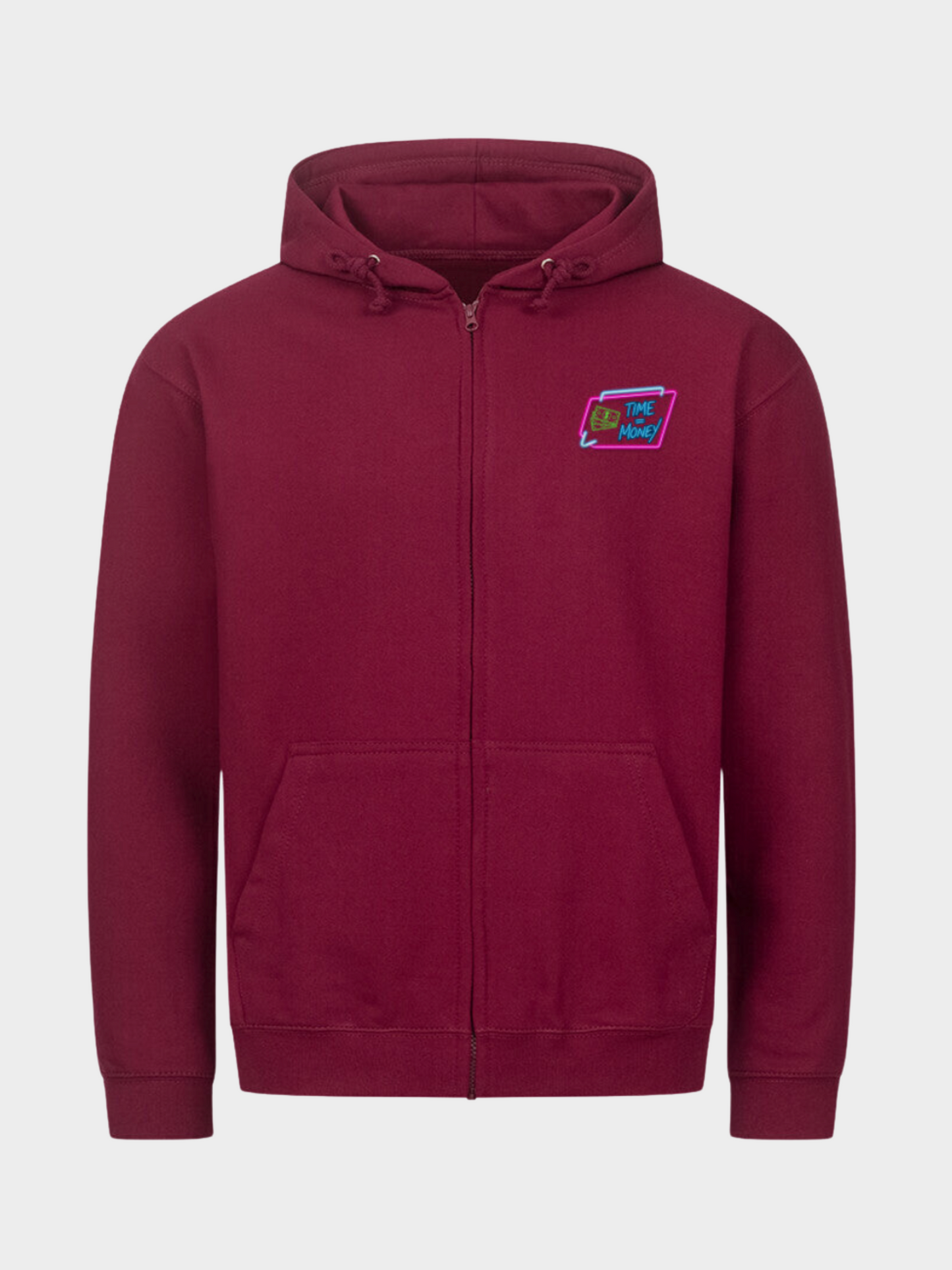 Einstein Hoodie Burgundy Front – Streetwear Kapuzenpullover mit kleinem Time is Money Logo auf der Brust