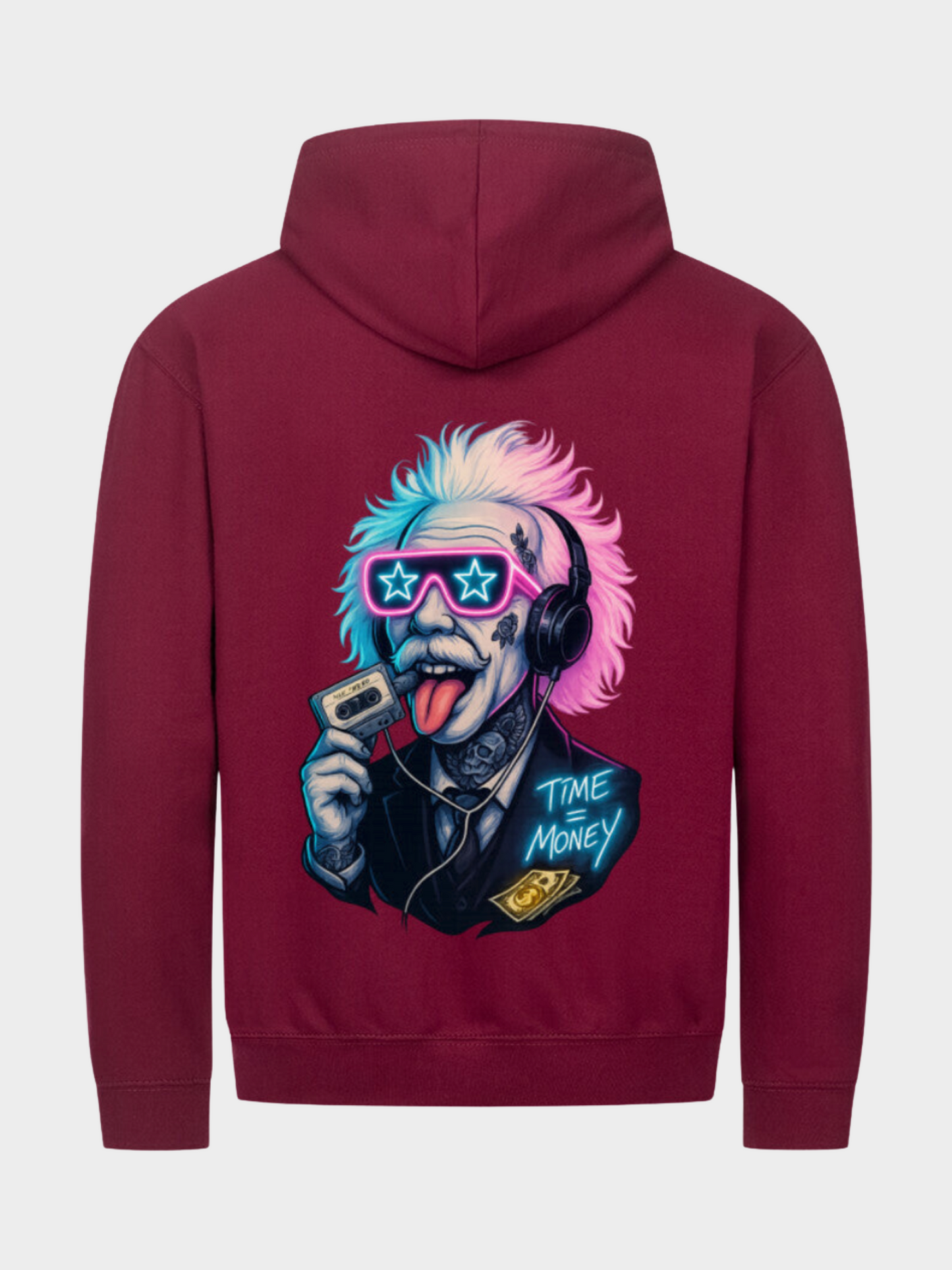 Einstein Hoodie Burgundy Rückseite – Kapuzenpullover mit großem bunten Einstein Backprint Time is Money Design
