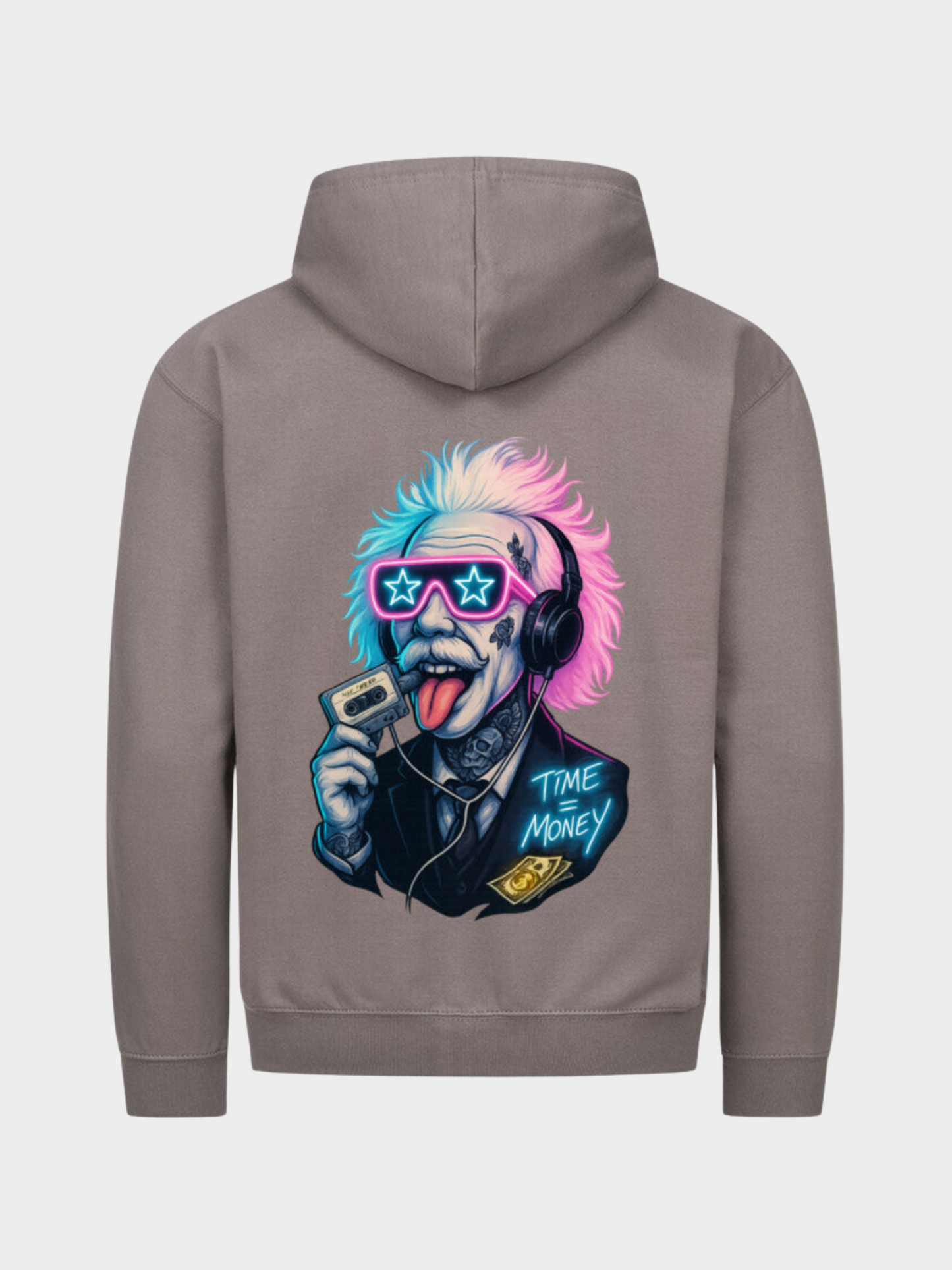 Einstein Hoodie Steel Grey Rückseite – Kapuzenpullover mit großem bunten Einstein Backprint Time is Money Design