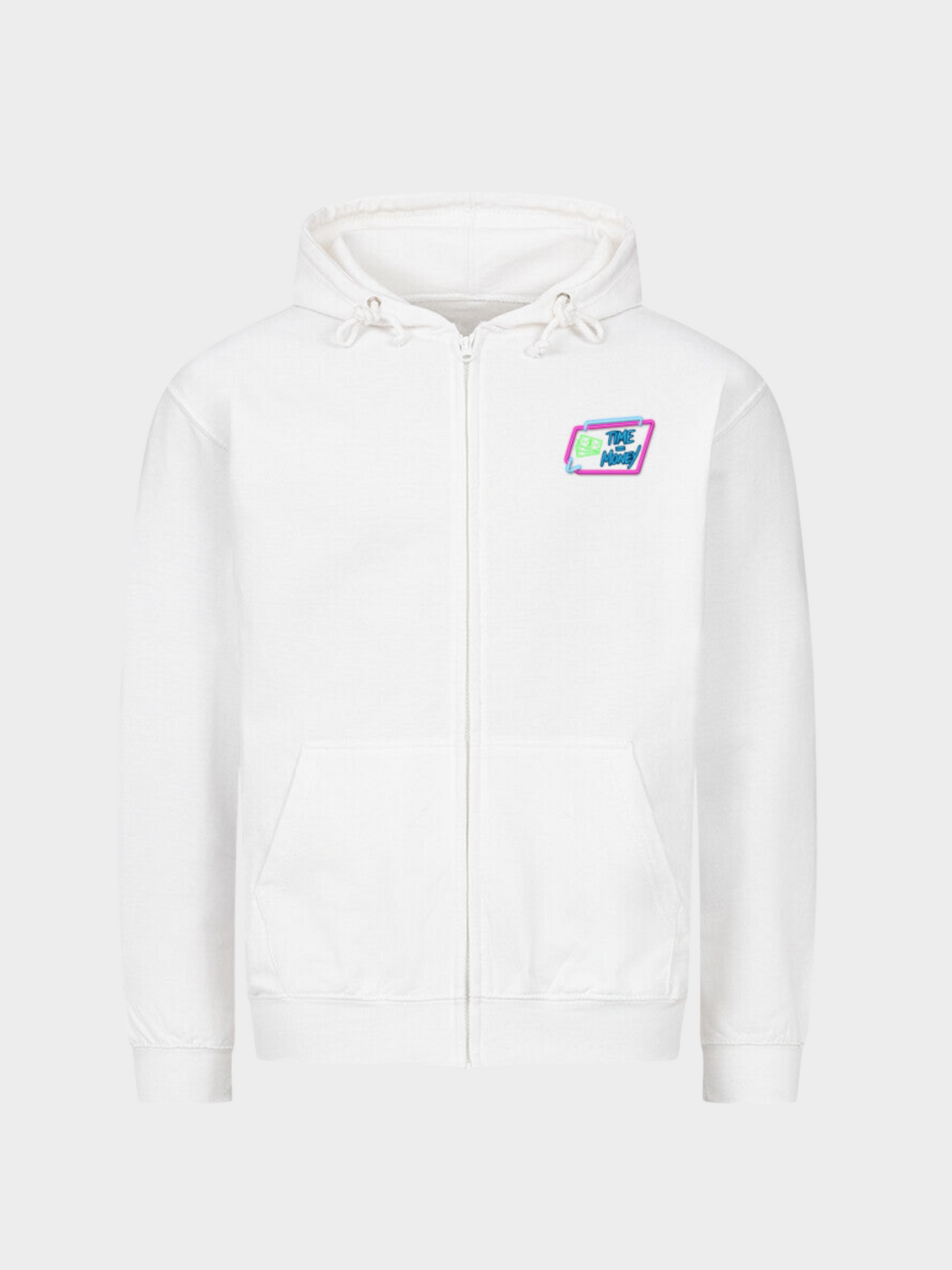 Einstein Hoodie Weiß Front – Streetwear Kapuzenpullover mit kleinem Time is Money Logo auf der Brust