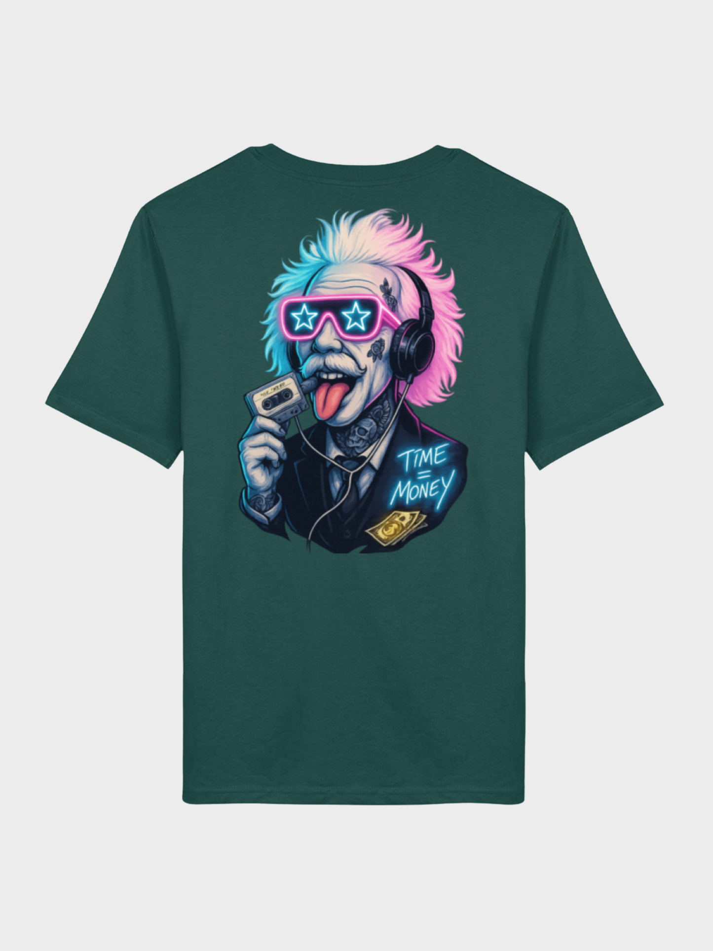Grünes T-Shirt mit großem Einstein Time is Money Neon-Backprint – Retro Streetwear Design