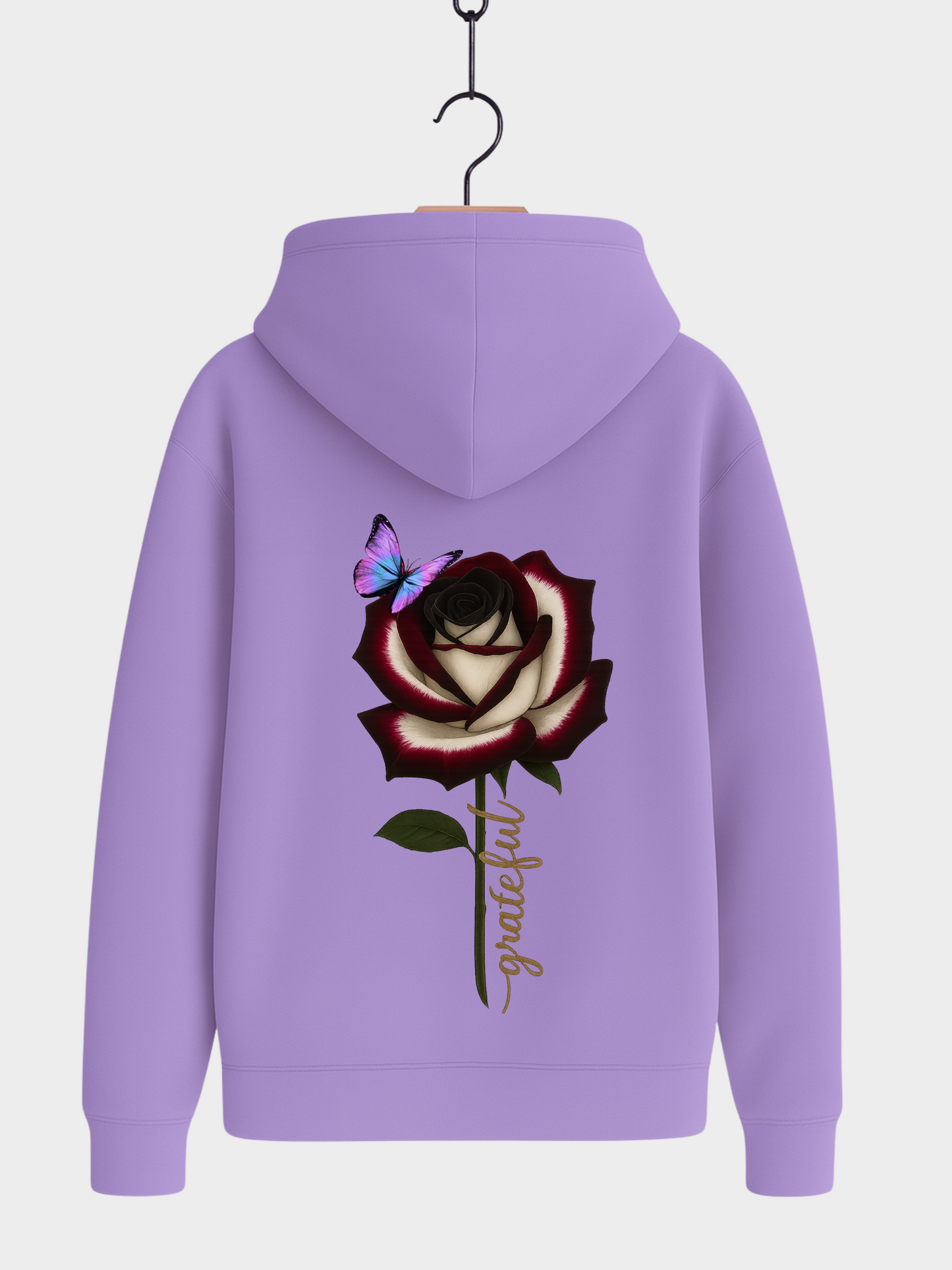 Lila Grateful Hoodie Rückseite mit großer Rosenstickerei und Schmetterling Design