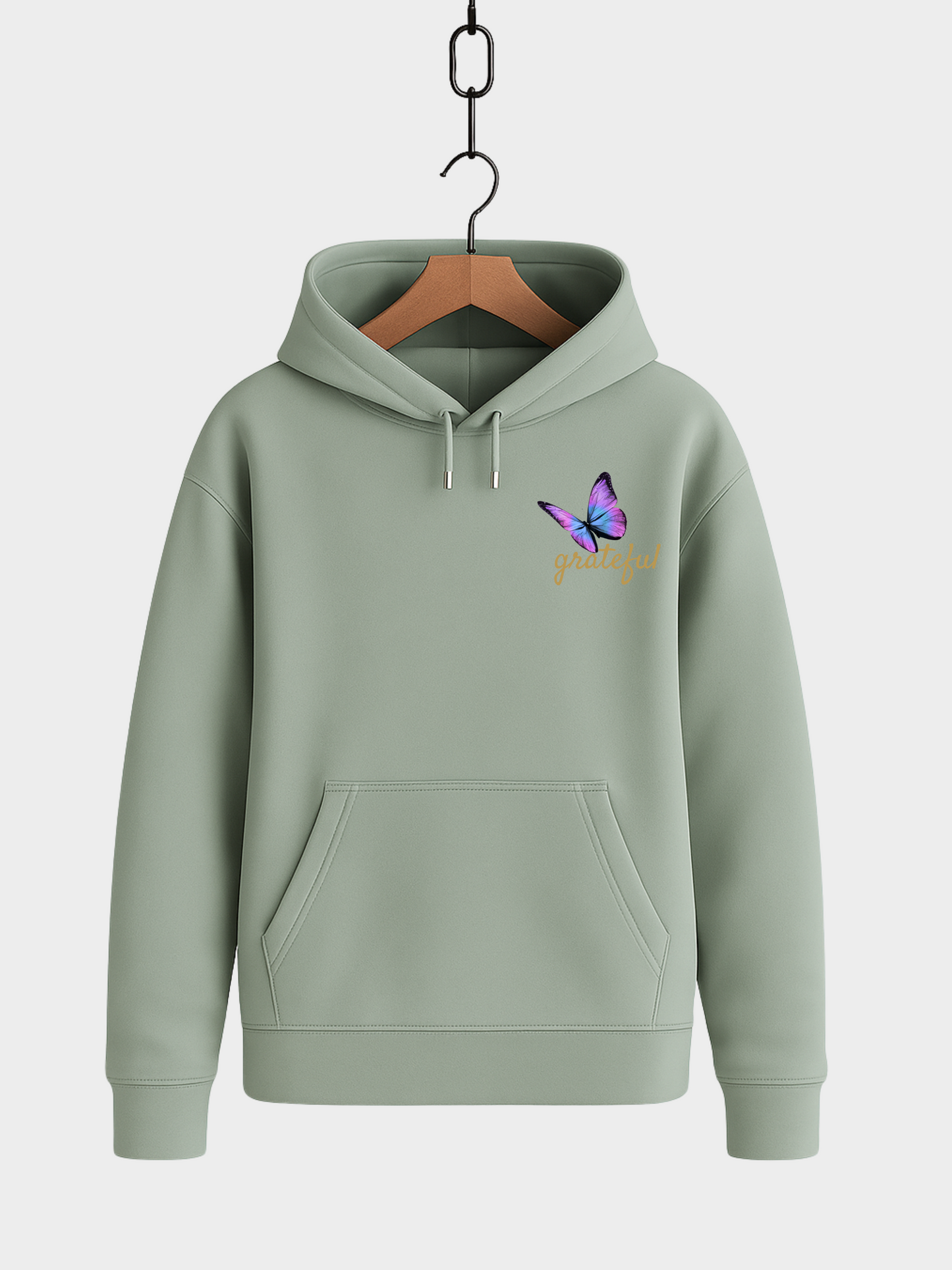 Aloe Hoodie Frontansicht mit Schmetterling und Rose Brustmotiv