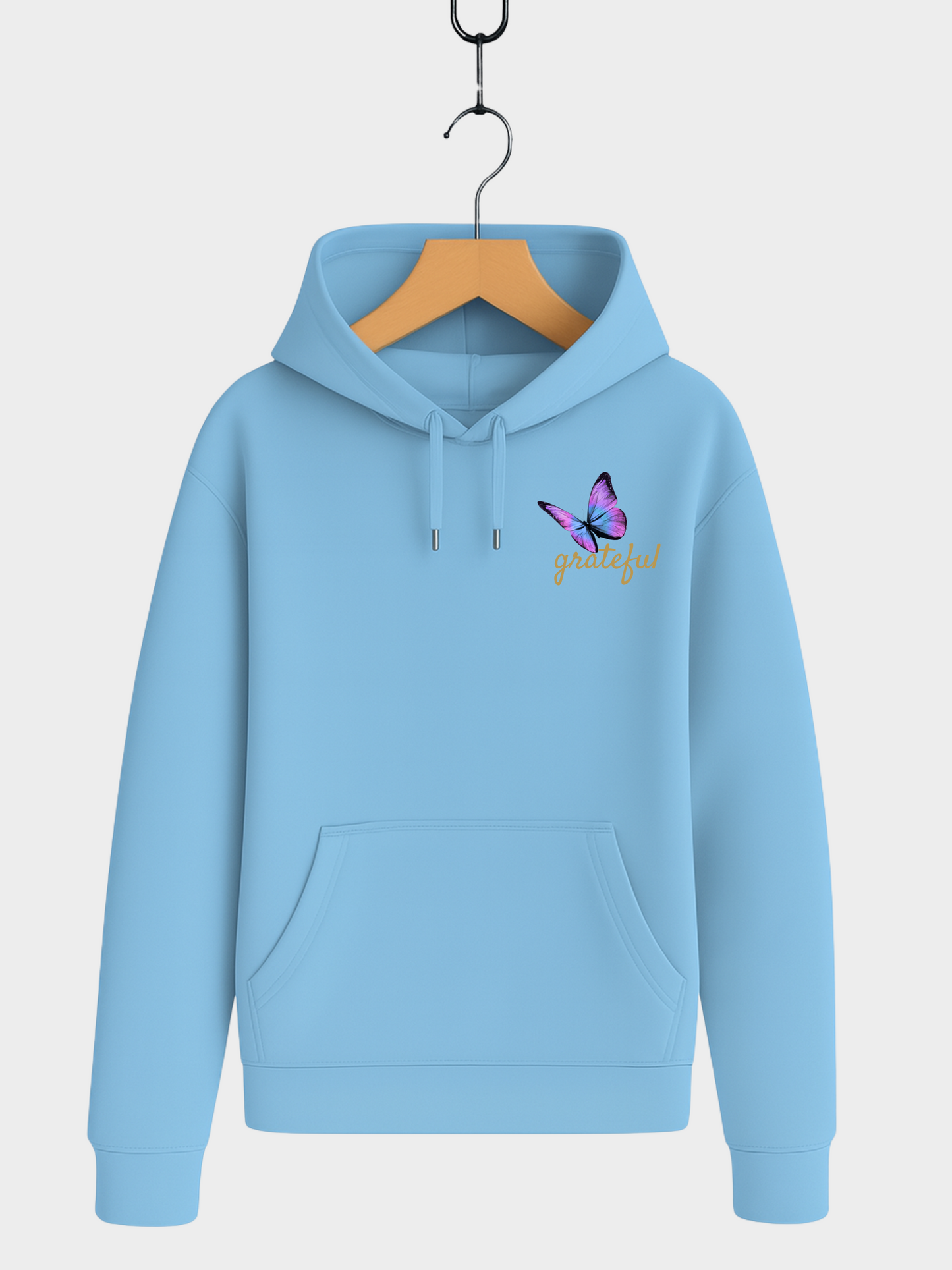 Hellblau Hoodie Frontansicht mit Schmetterling Rose Brust-Design