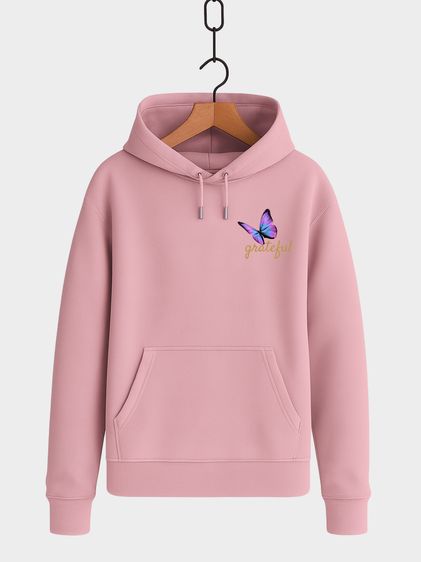 Rosa Hoodie Frontansicht mit Rose und Schmetterling Brust-Print