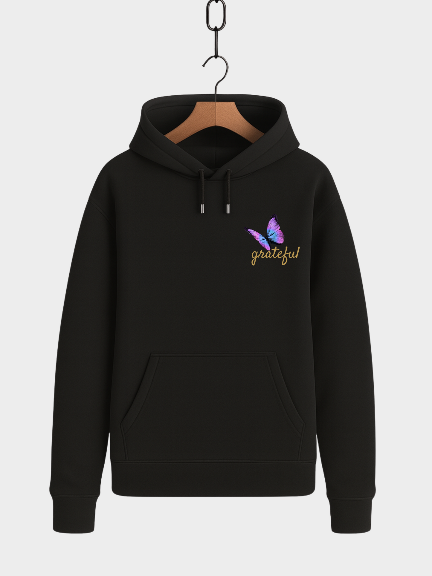 Schwarzer Hoodie Frontansicht mit Rose und Schmetterling Brust-Design