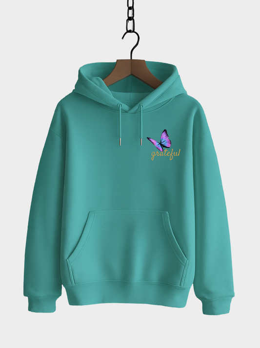 Türkis Hoodie Frontansicht mit Schmetterling Rose Brust-Print