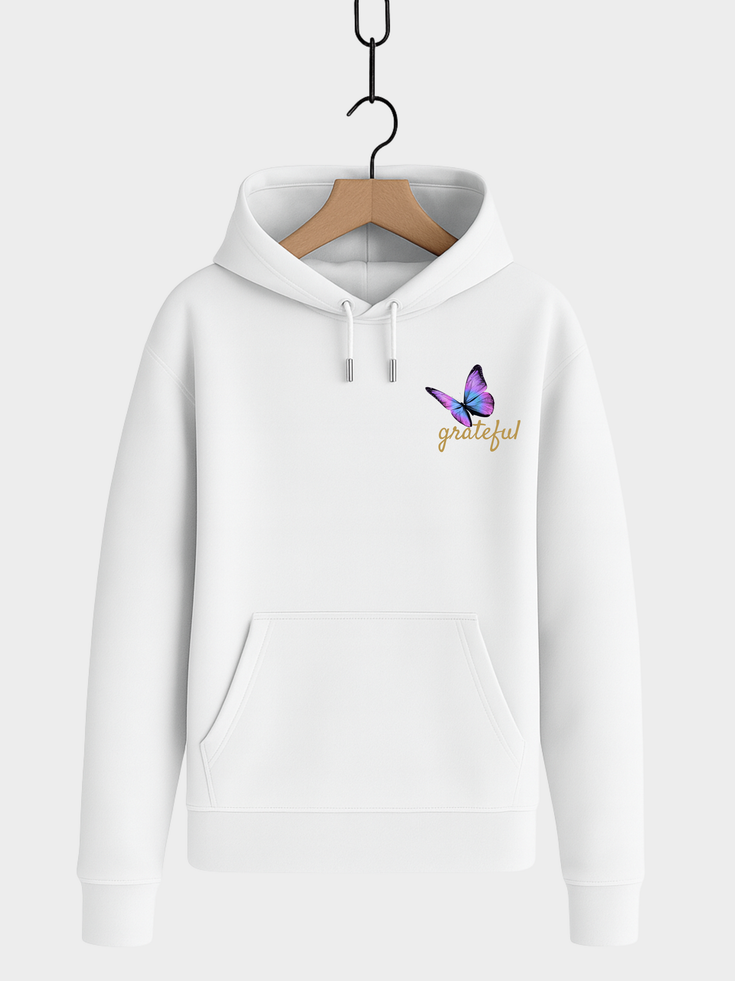 Weißer Hoodie Frontansicht mit Rose und Schmetterling Brust-Print