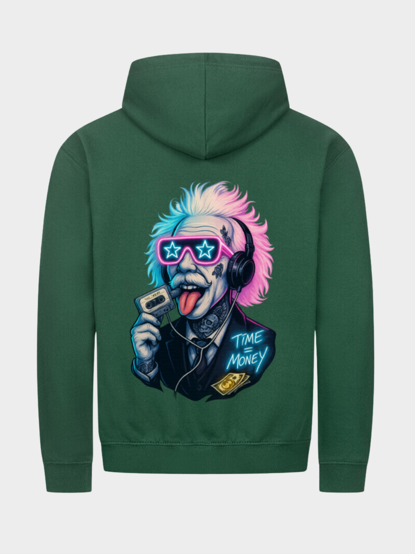 Grüner Hoodie mit großem Neon-Grafikdruck "Time is Money" auf der Rückseite
