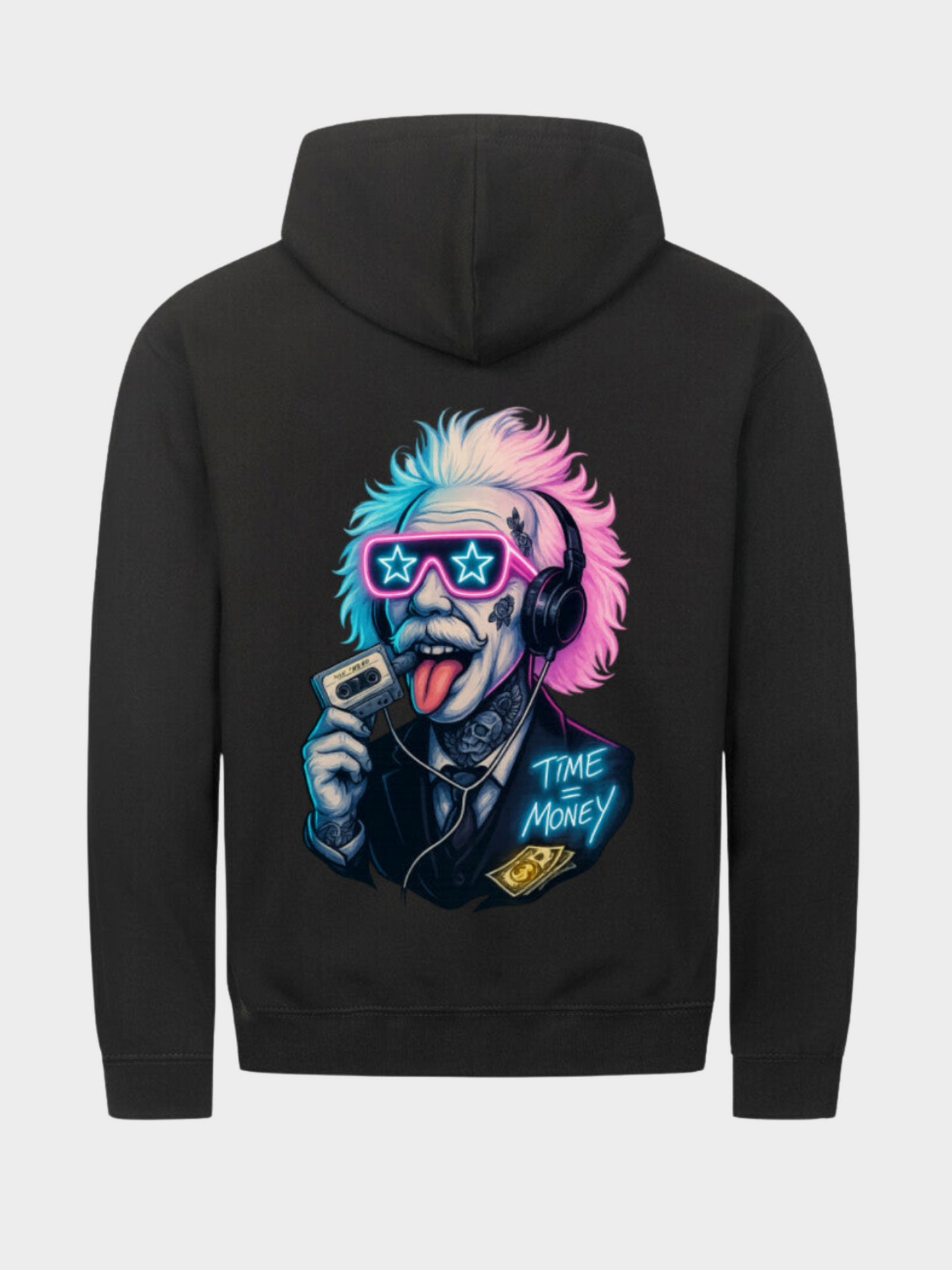 Schwarzer Hoodie mit großem Neon-Grafikdruck "Time is Money" auf der Rückseite