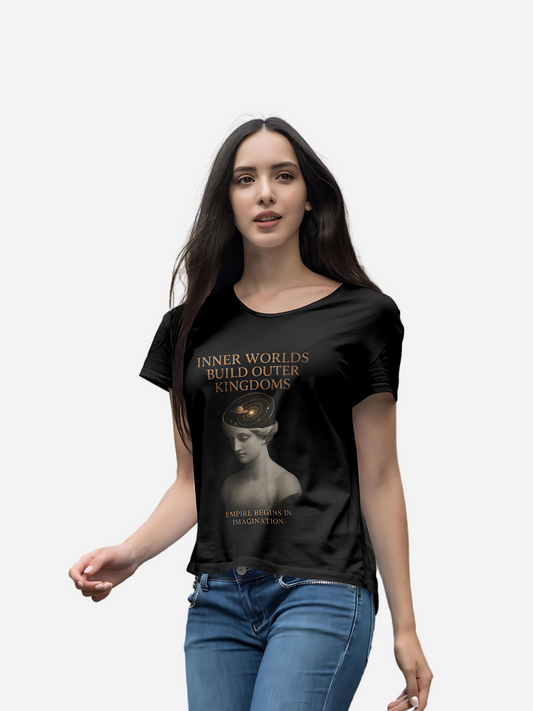 Schwarzes Damen T-Shirt mit goldener Statue und Spruch Inner Worlds Build Outer Kingdoms