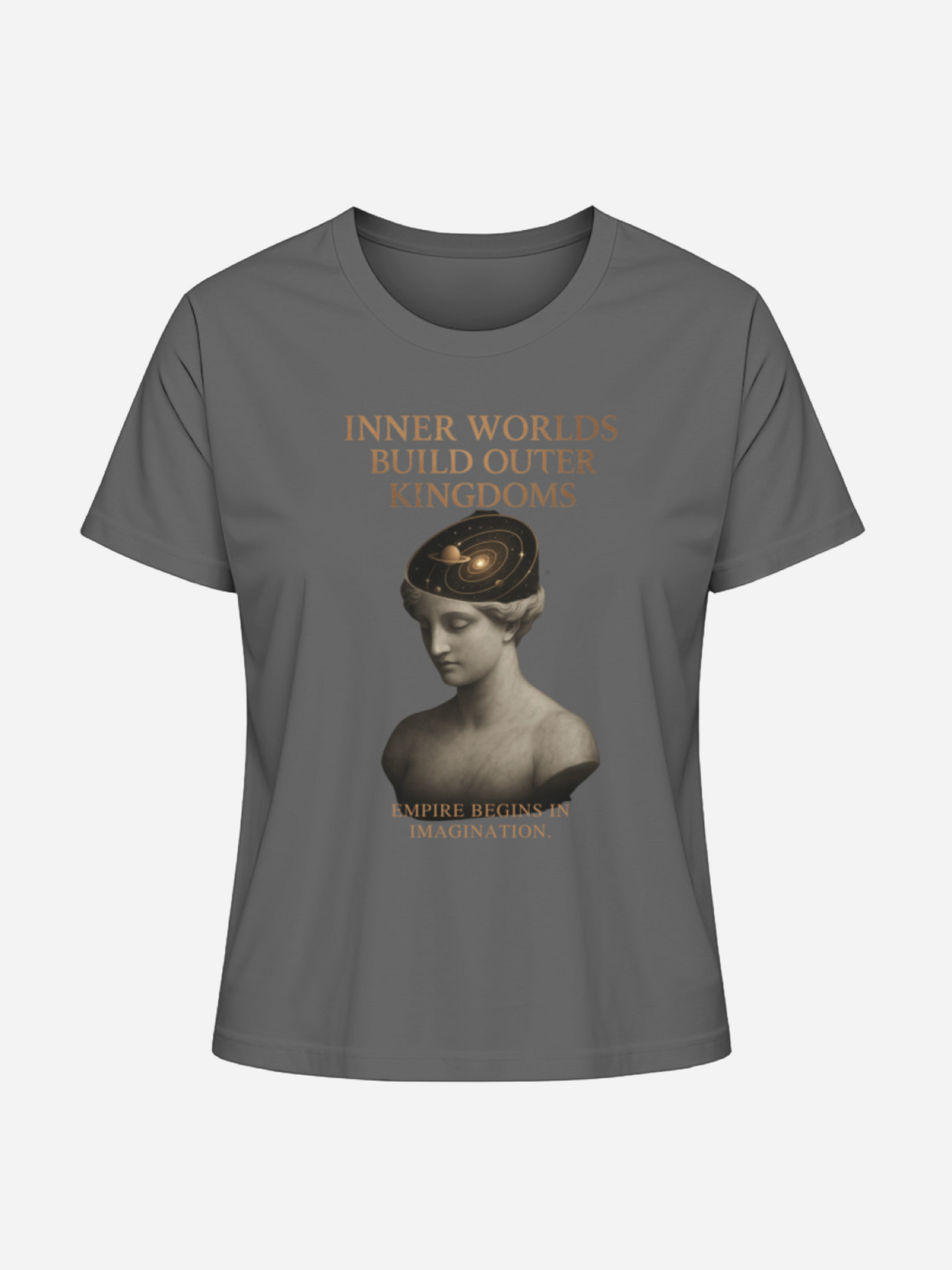 Graues Damen T-Shirt mit Statue und Spruch Inner Worlds Build Outer Kingdoms in Kupferdruck