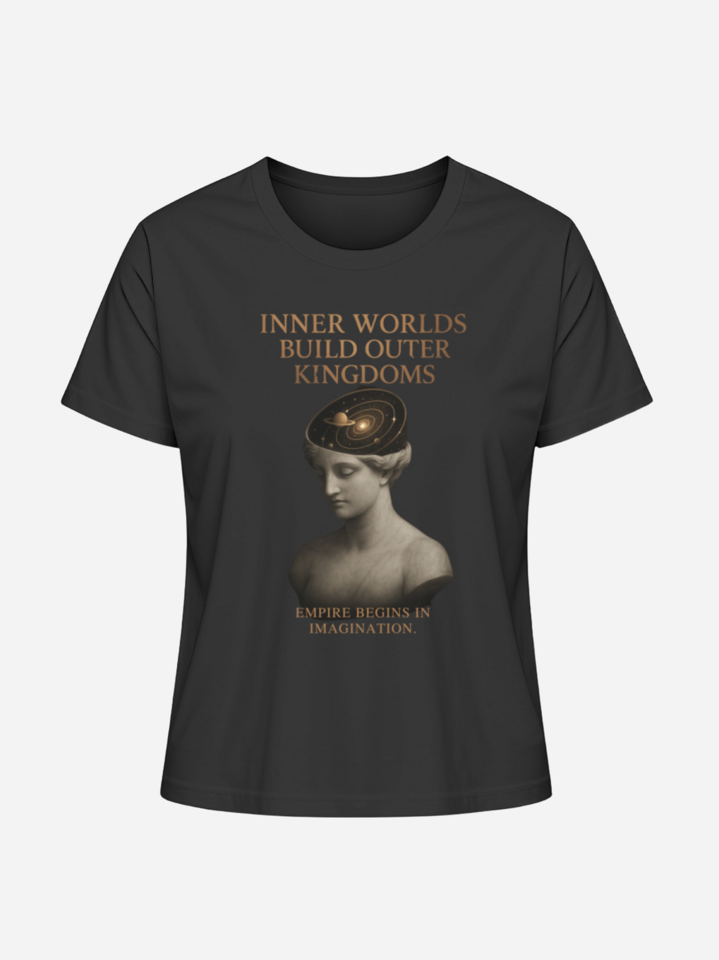 Schwarzes Damen T-Shirt mit Statue und Spruch Inner Worlds Build Outer Kingdoms in Kupferdruck