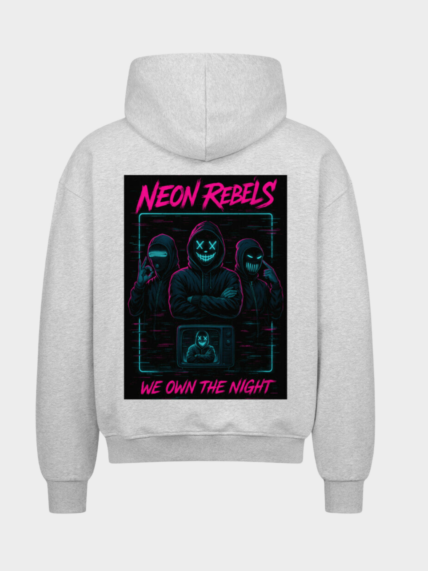 Grauer Zip-Hoodie mit großem Neon Rebels Backprint in Neonfarben – futuristische Streetwear mit Kapuze, Reißverschluss und auffälligem Rückendesign.
