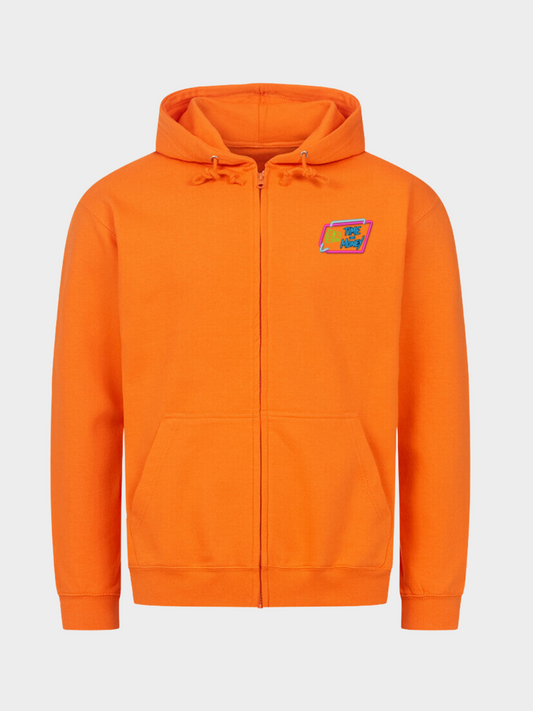 Orange Zip Hoodie mit kleinem Time is Money Frontprint – minimalistischer Streetwear Style mit neonfarbenem Logo auf der Brust