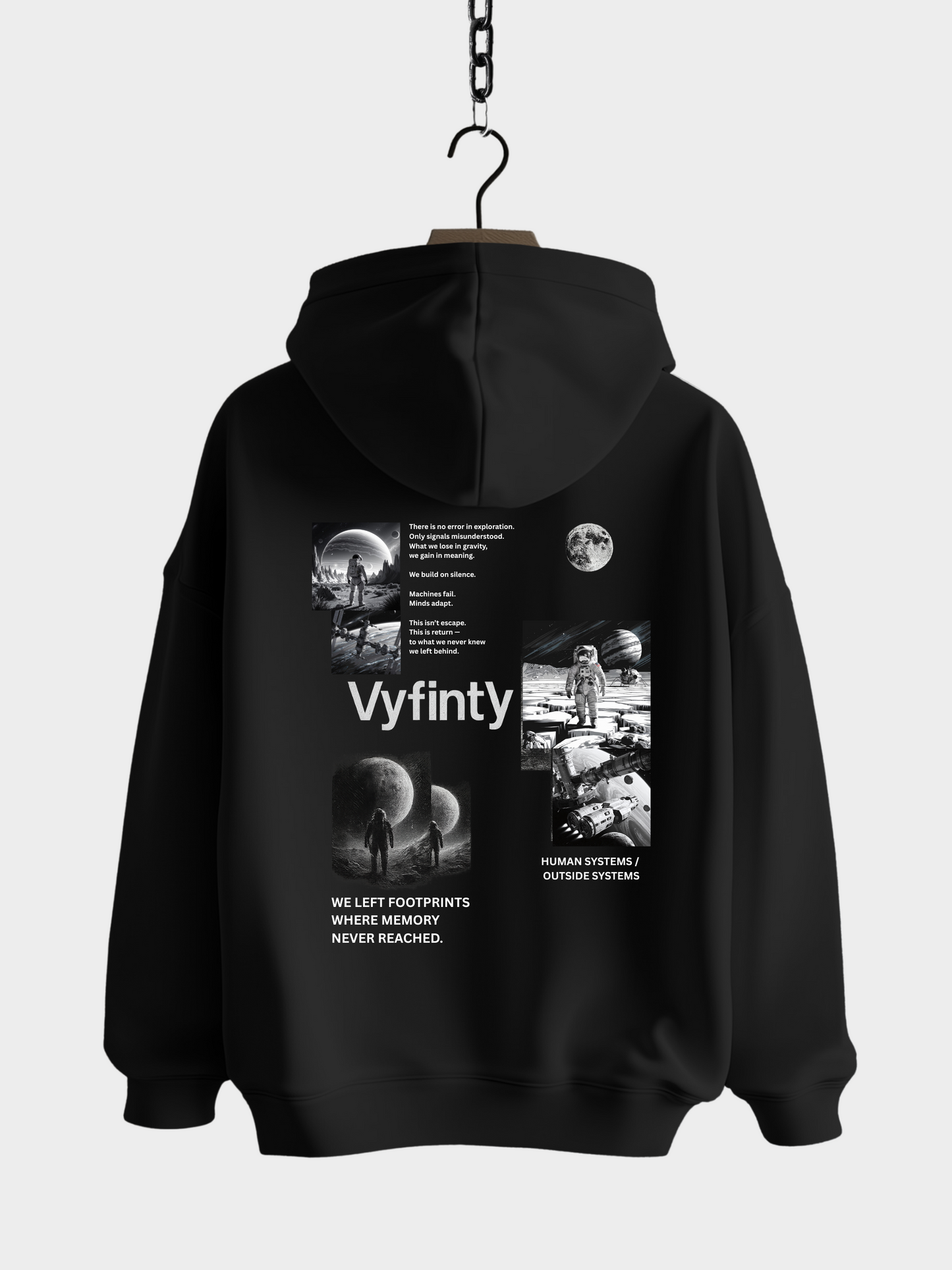 Schwarzer Vyfinity Hoodie mit Weltraum- und Astronautenmotiv, modernem Backprint und futuristischem Design – Unisex Streetwear im Oversized-Look für Mode- und Space-Fans