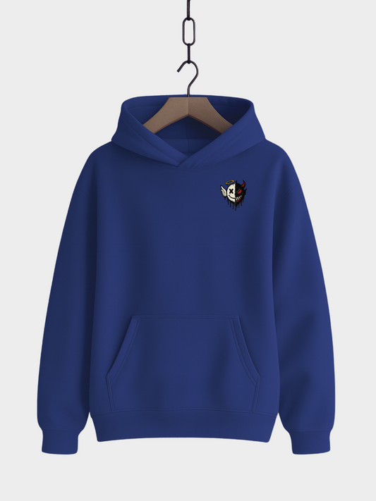 Vyfinity Oversize Hoodie in Royalblau mit kleinem Brustprint – Engel und Teufel Half Face Design, trendiger Unisex Streetwear Hoodie mit Kapuze und Bauchtasche.