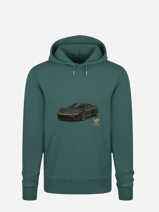 Vyfinity Car Hoodie in Glazed Green mit schwarzem Sportwagen-Print und goldenem VP-Logo – Trendiger Unisex Kapuzenpullover für Auto- und Motorsportfans