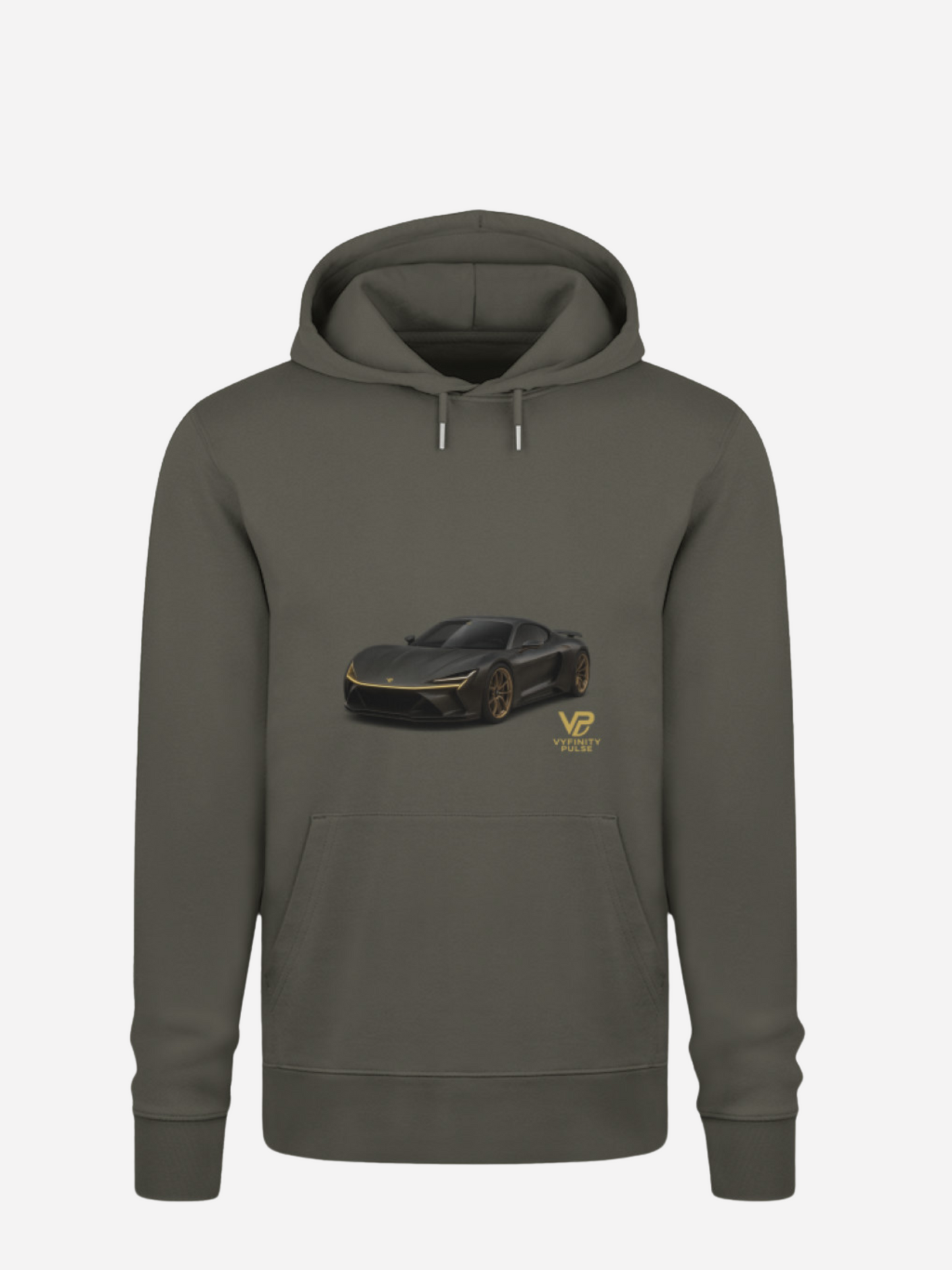 Vyfinity Car Hoodie in Khaki mit schwarzem Sportwagen-Print und goldenem VP-Logo – Lässiger Unisex Kapuzenpullover für Auto- und Motorsportfans