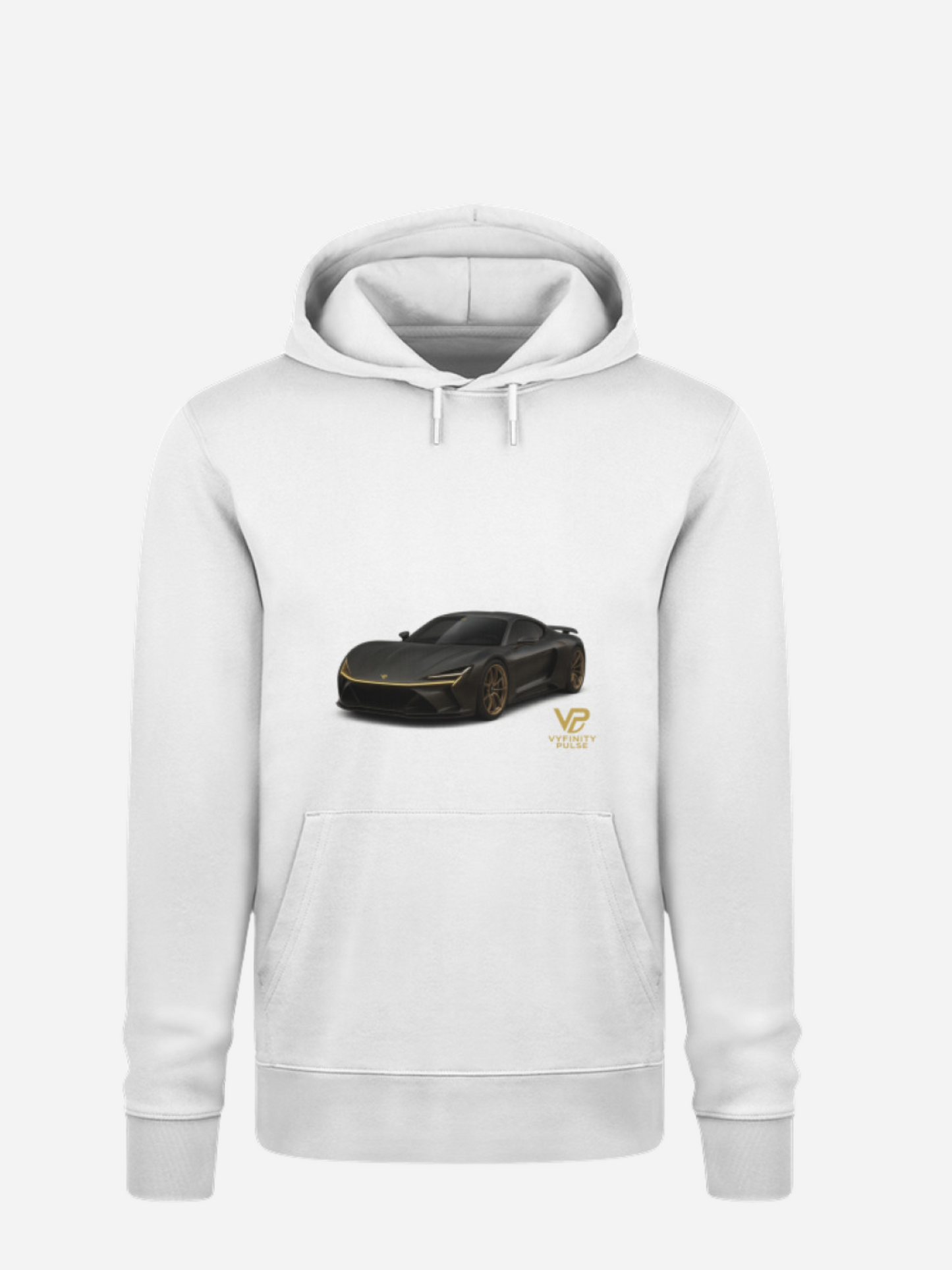 Vyfinity Car Hoodie in Weiß mit schwarzem Sportwagen-Print und goldenem VP-Logo – Stilvoller Unisex Kapuzenpullover für Auto- und Motorsportliebhaber