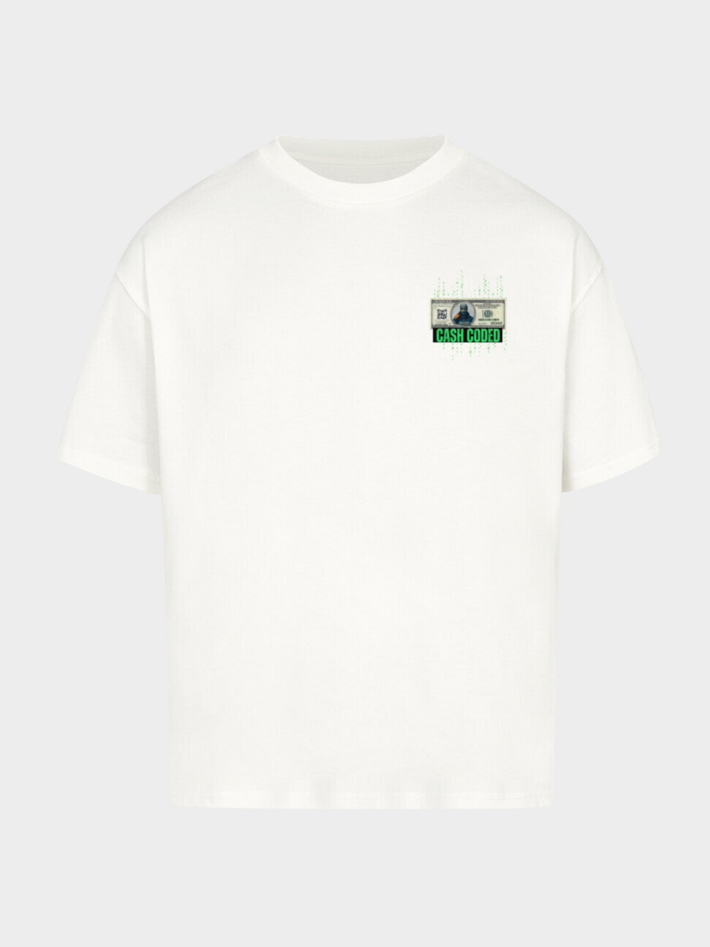Weißes Vyfinity T-Shirt „Cash Coded“ mit kleinem grünen Geldschein-Print und Schriftzug auf der linken Brust, Flatlay Frontansicht.
