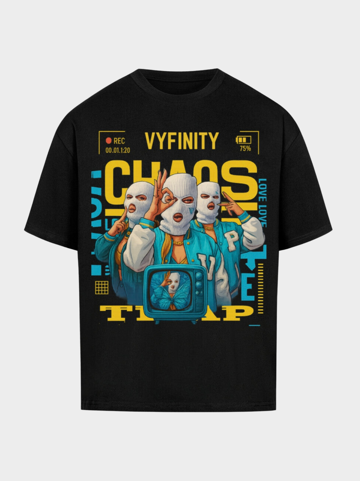 Vyfinity Chaos Trap T-Shirt in Schwarz, Vorderansicht. Auffälliges Streetwear-Design mit drei maskierten Figuren, gelben CHAOS-Lettern und blauem Fernseher-Element.