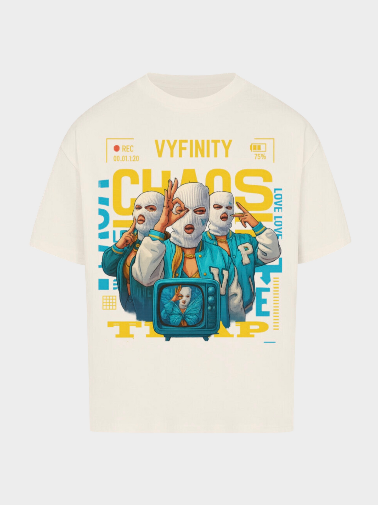 Vyfinity Chaos Trap T-Shirt in Weiß, Vorderansicht. Streetwear-Shirt mit großem Frontprint: drei maskierte Figuren, gelber CHAOS-Schriftzug und Retro-TV-Detail in Blau.