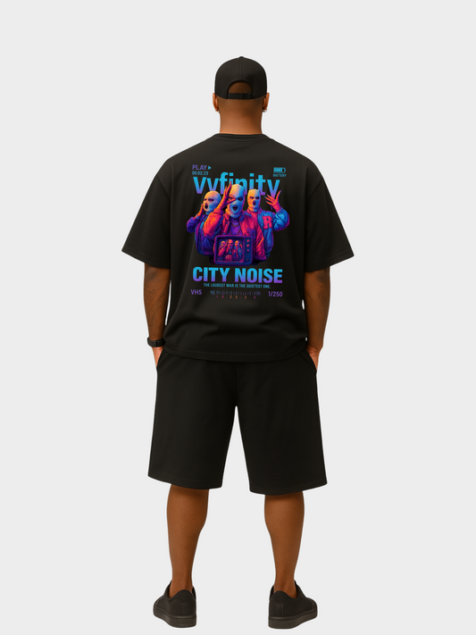 Vyfinity City Noise Outfit Herren Shorts und T-Shirt Schwarz Rückseite Urban Style