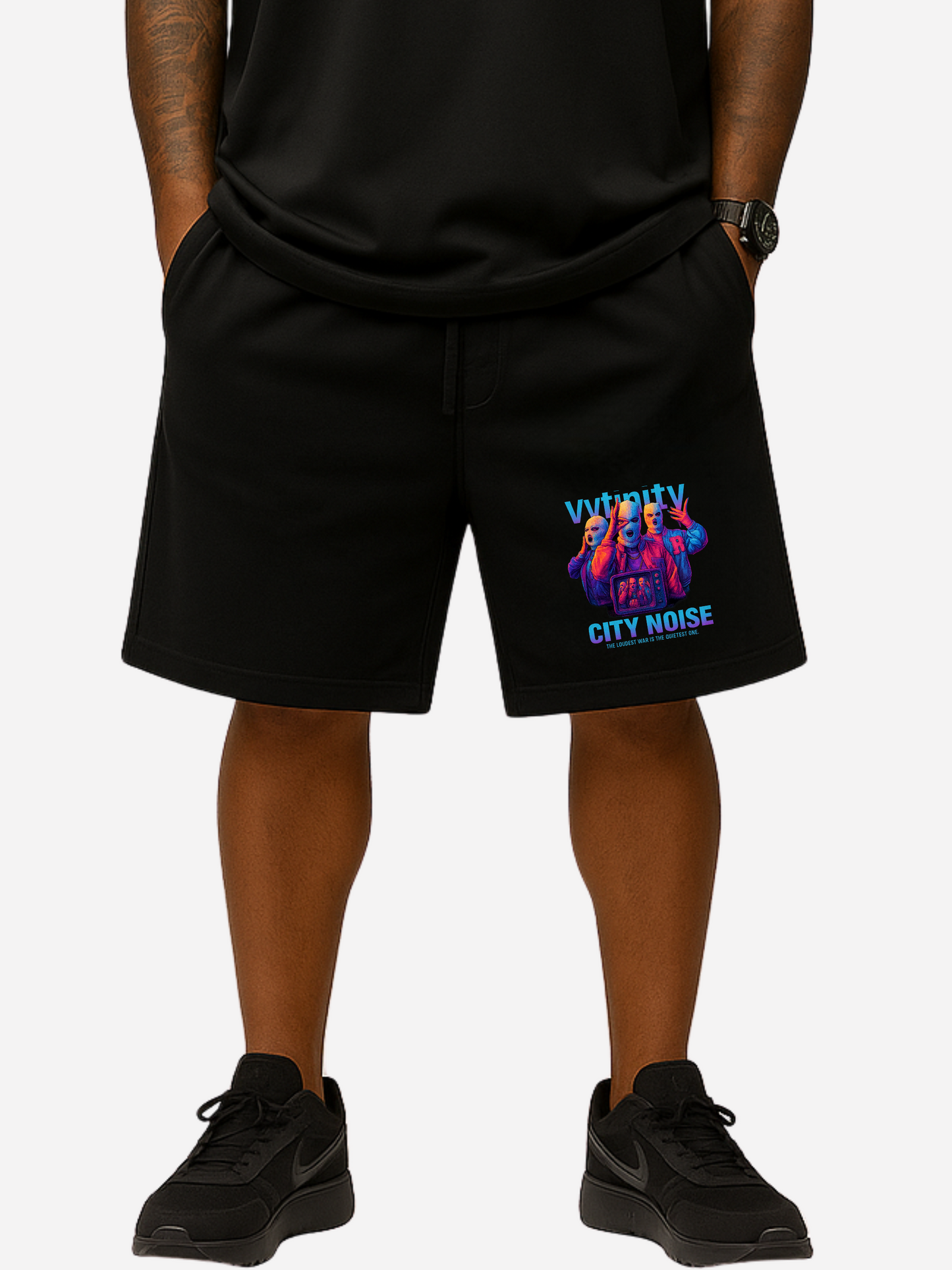 Vyfinity City Noise Shorts Schwarz Herren Streetwear Frontansicht mit Grafikprint