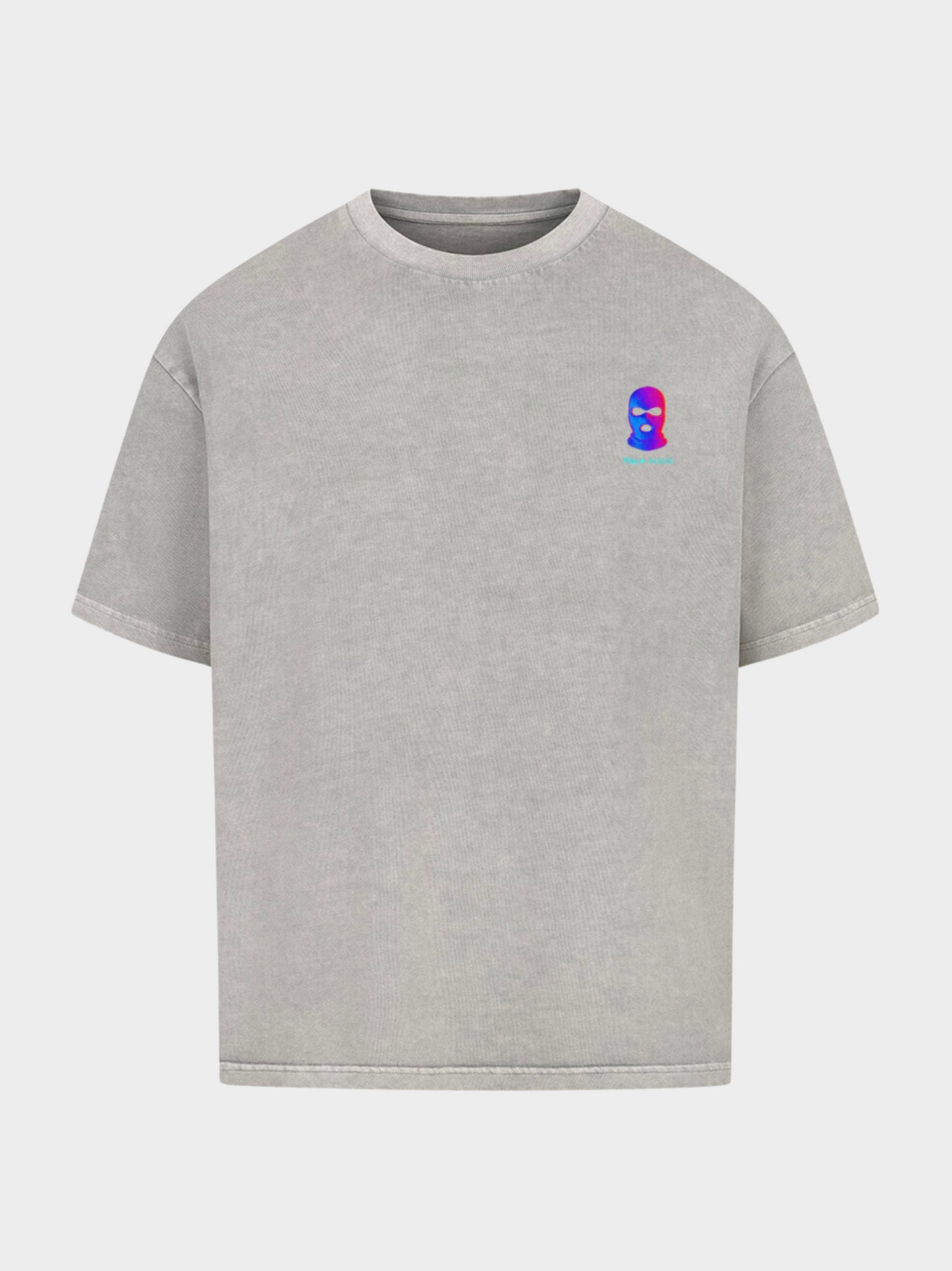 Vyfinity City Noise T-Shirt in Grau, Stone Washed Optik, Oversize Fit, Vorderansicht. Dezentes Streetwear-Design mit kleinem Neon-Balaklava-Logo auf der Brust. Urbanes und modernes T-Shirt für limitierte Streetstyle-Kollektionen.
